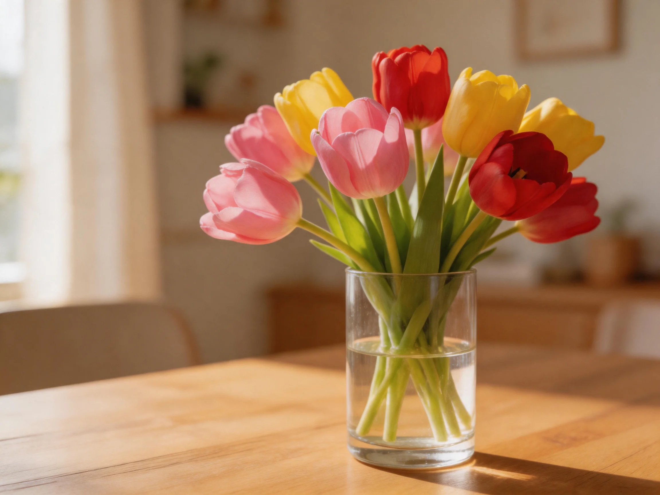 Colorful tulip bouquet in a clear glass vase on a wooden table