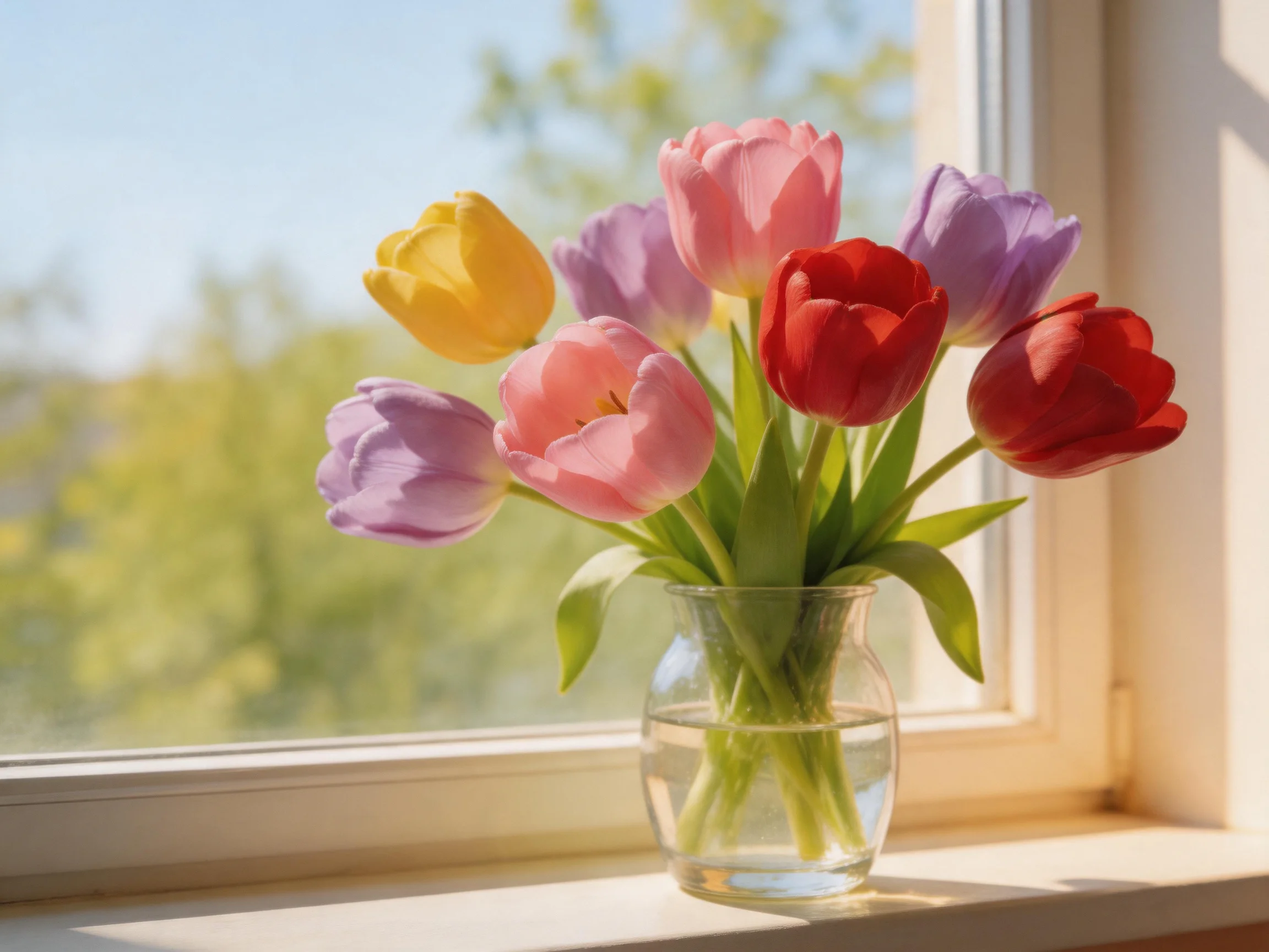 Colorful tulip bouquet of various hues in a glass vase by a sunlit window