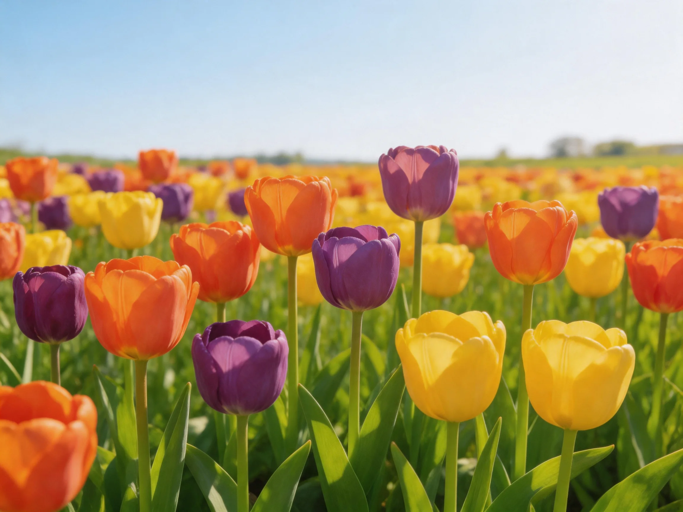 Colorful tulip field with orange, yellow, and purple blooms