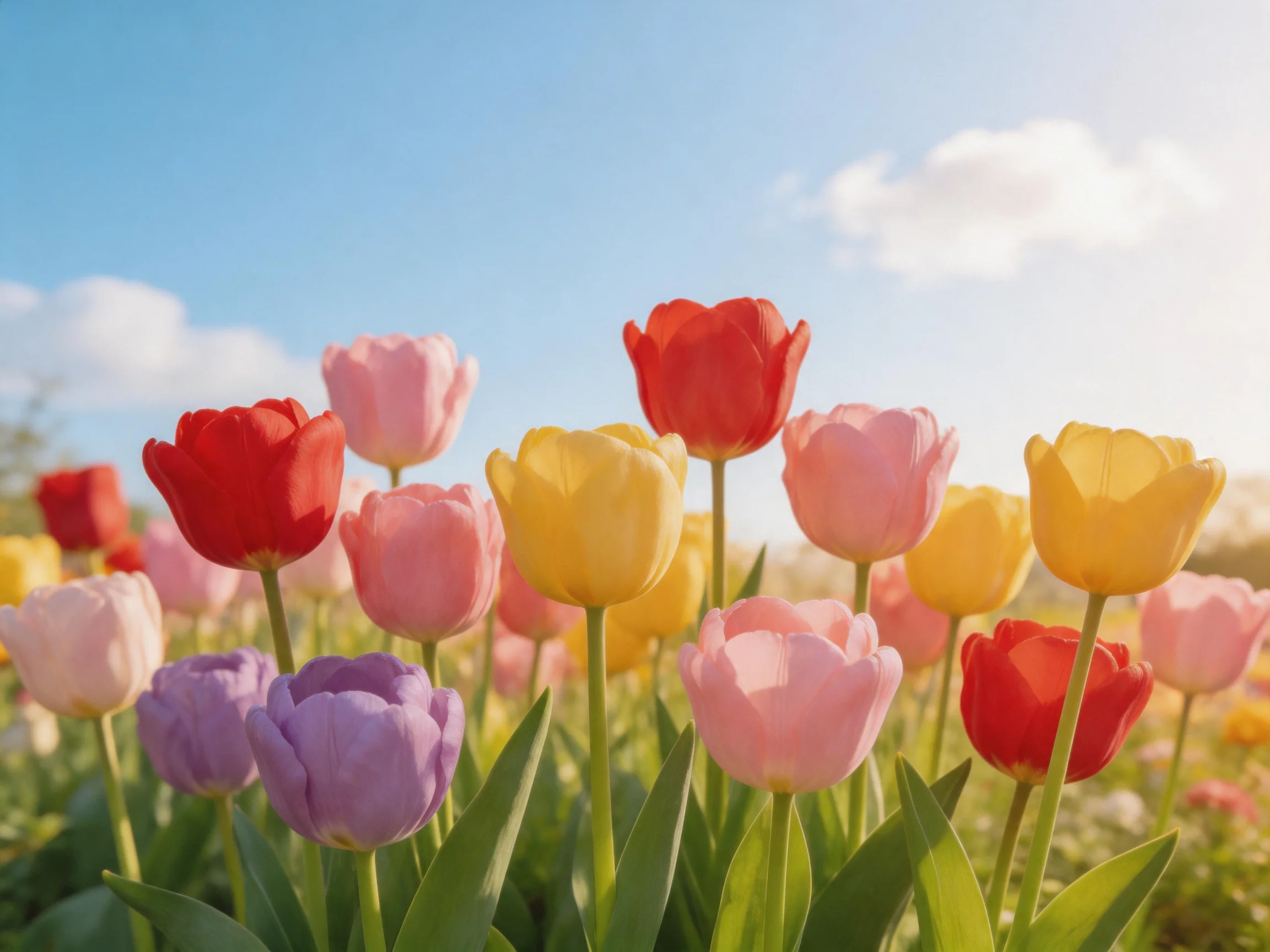 Colorful tulip field with red, yellow, pink, and purple blooms