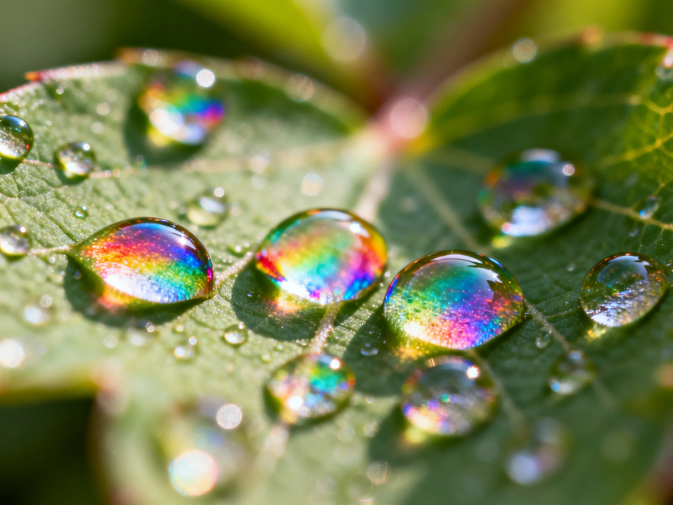 Colorful water droplets glisten on a vibrant green leaf