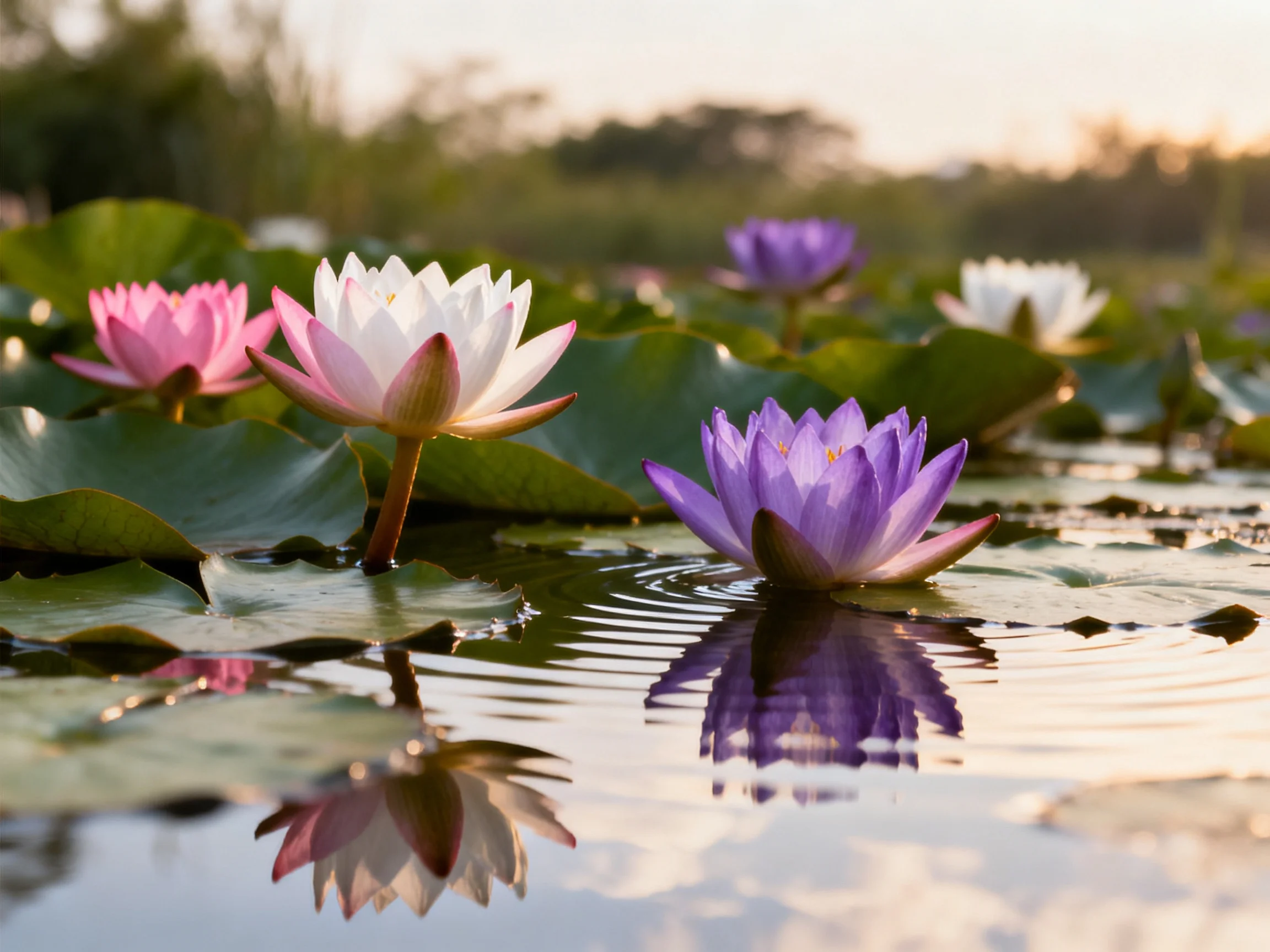 Colorful water lilies in pink, white, purple float among broad green leaves