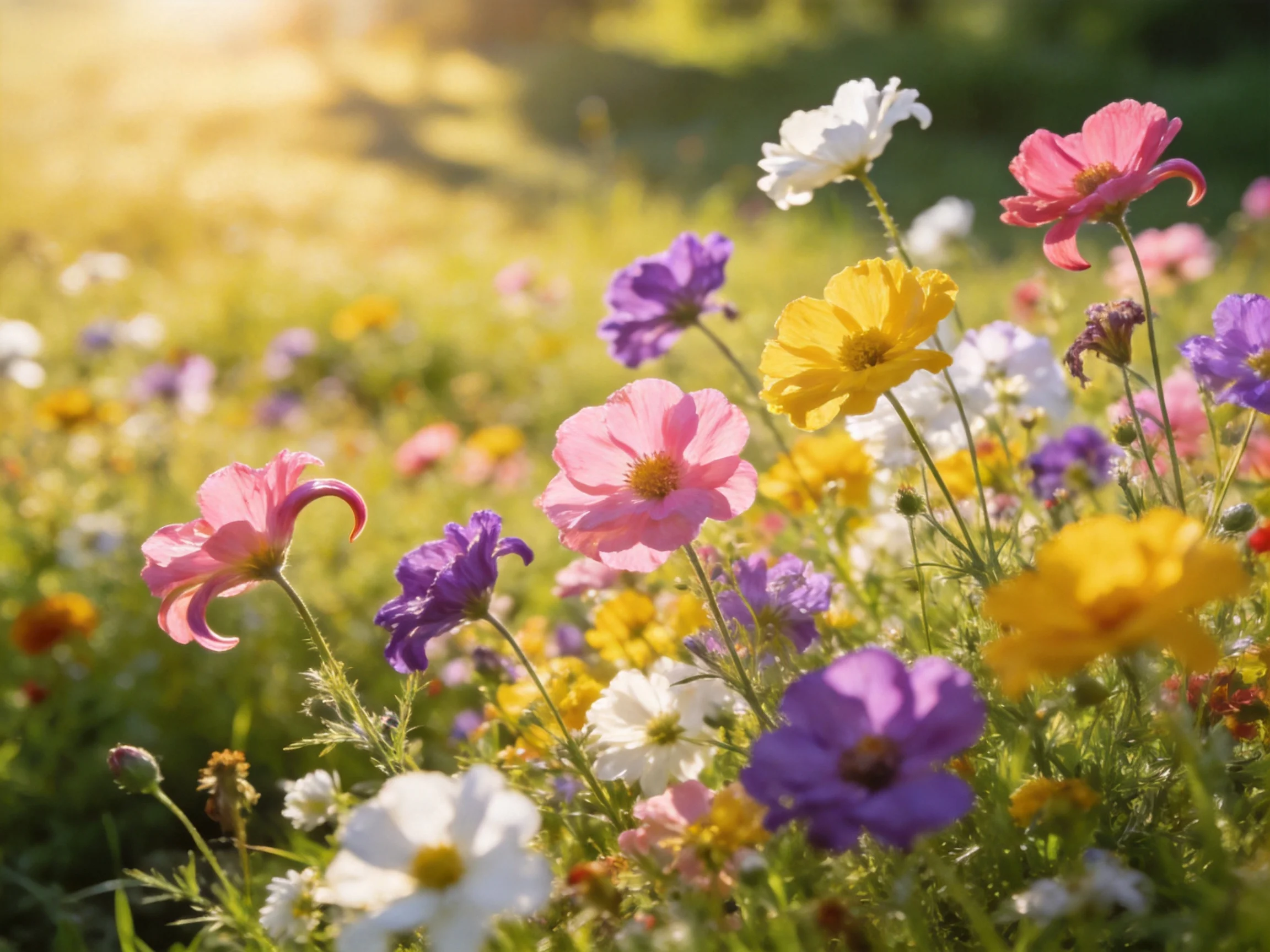 Colorful wildflower meadow under golden sunlight