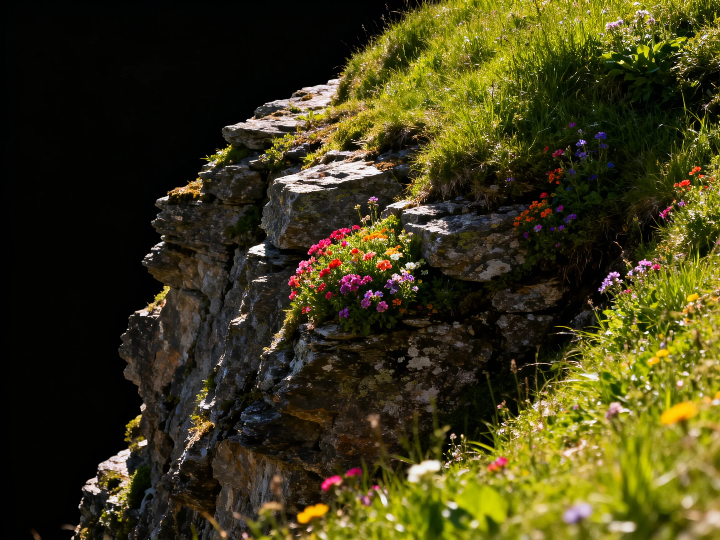 Colorful wildflowers bloom among rugged rocky cliffs and lush green slopes