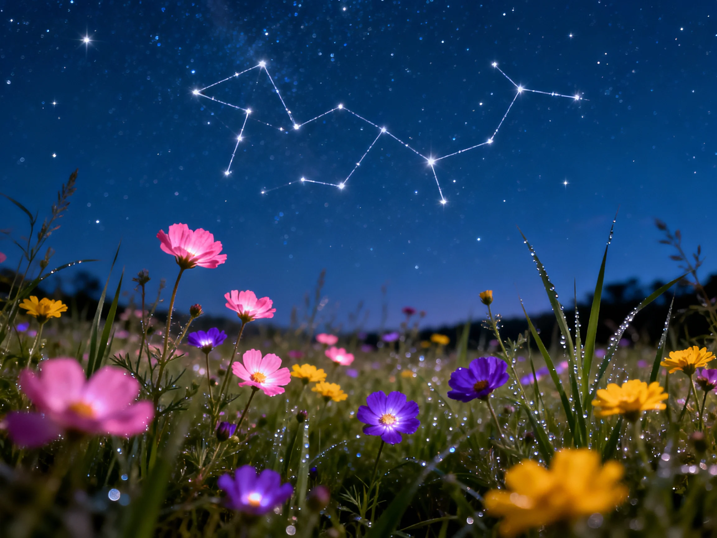 Colorful wildflowers bloom beneath a starry night sky with constellations