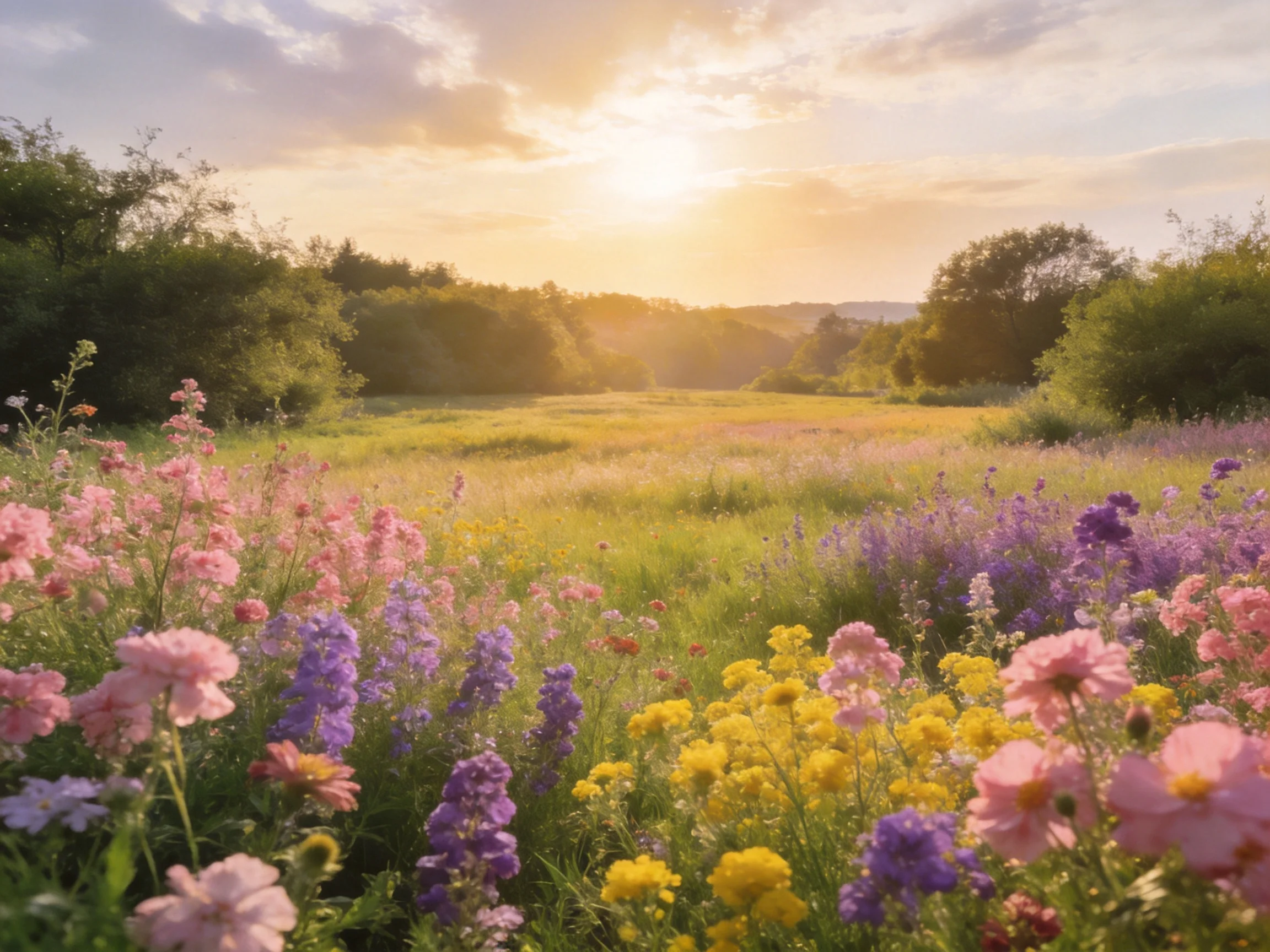 Colorful wildflowers bloom in a sunlit meadow at sunset