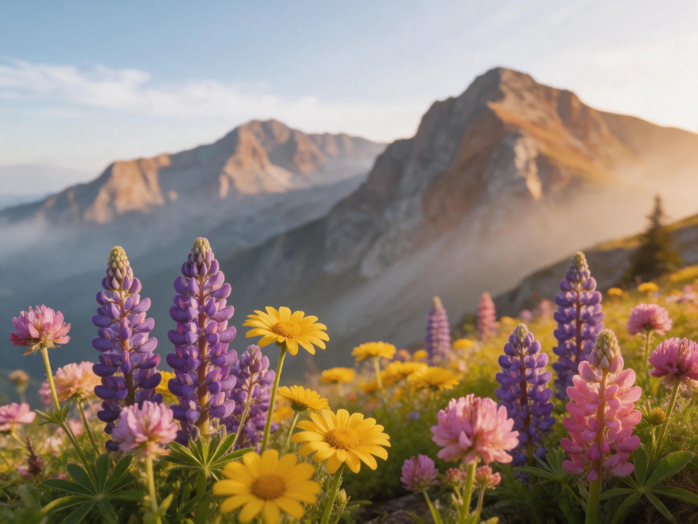 Colorful wildflowers bloom near misty mountain peaks at sunrise