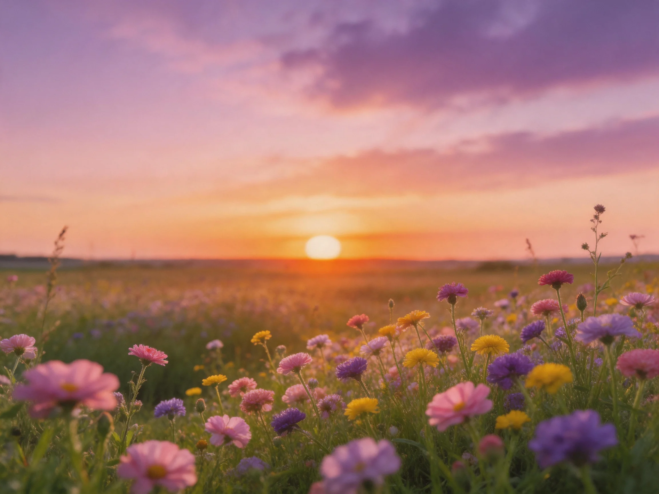 Colorful wildflowers fill a meadow beneath a vibrant sunset sky