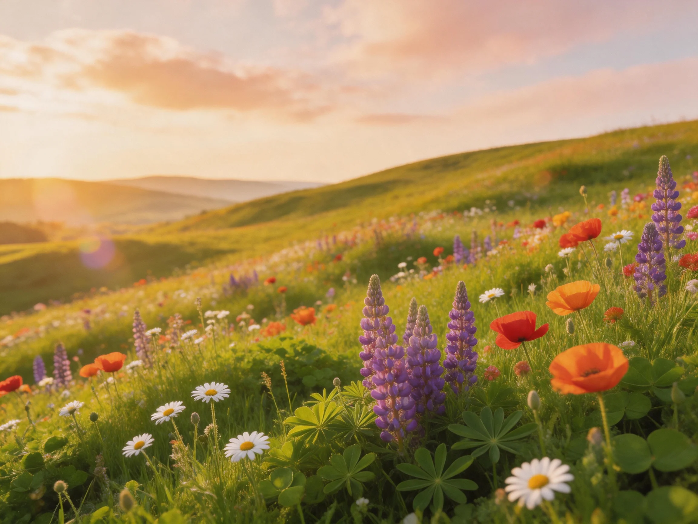 Colorful wildflowers fill rolling green hills under golden sunset