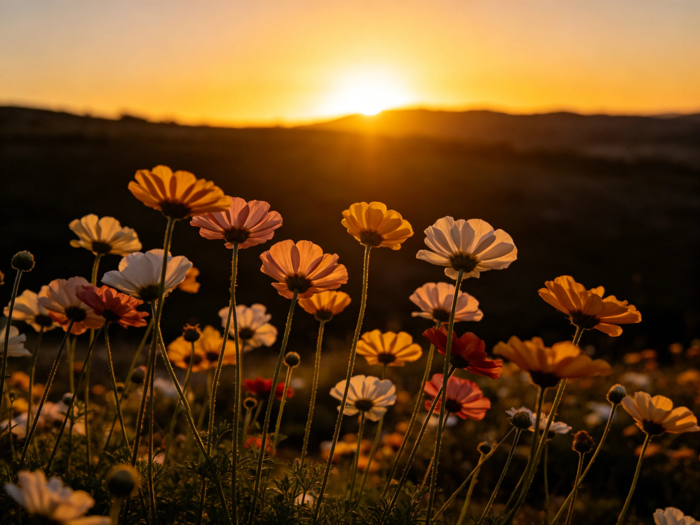 Colorful wildflowers illuminated by a golden sunset over distant hills