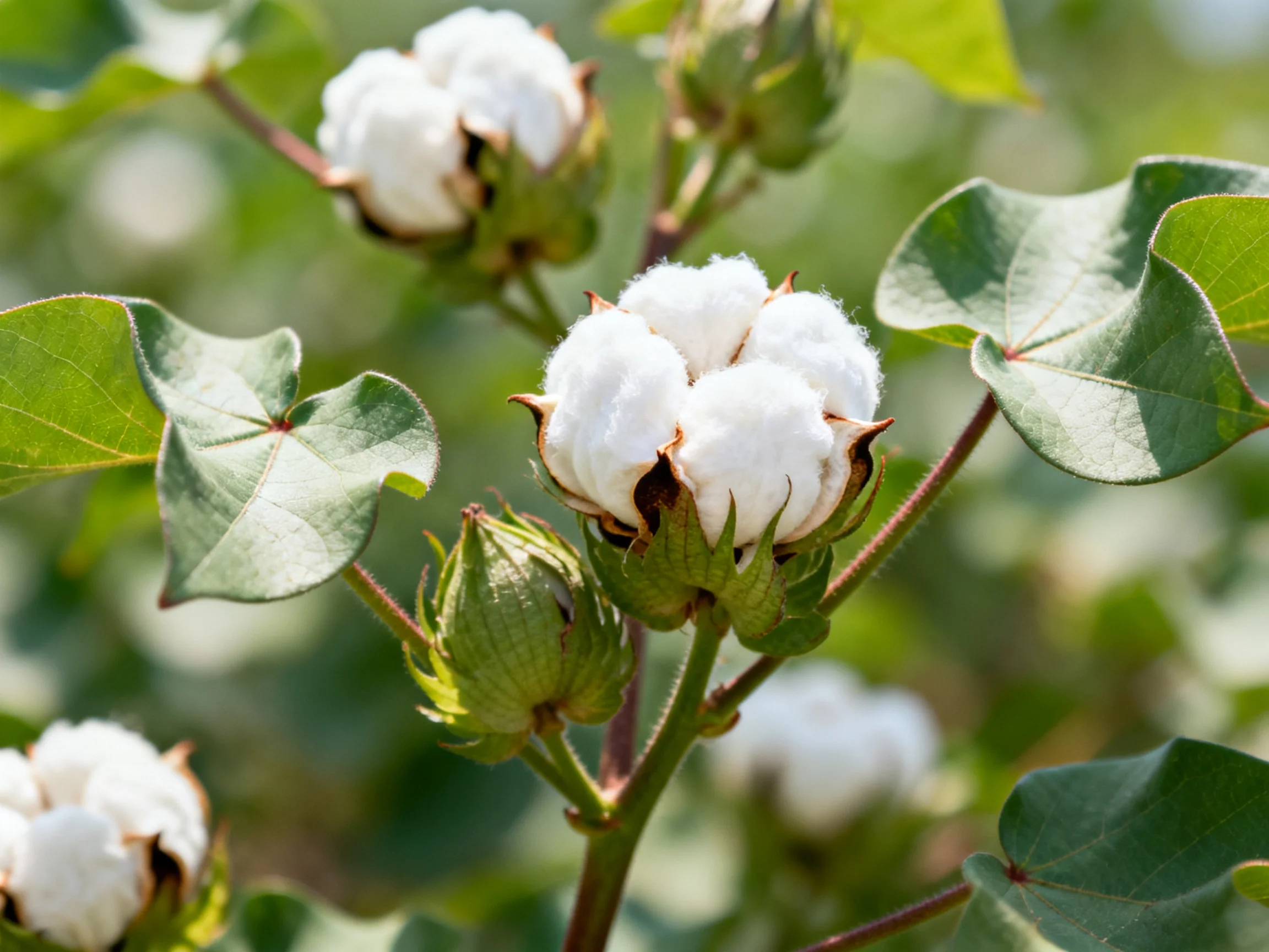 Cotton blooms with white fluffy bolls and green leaves