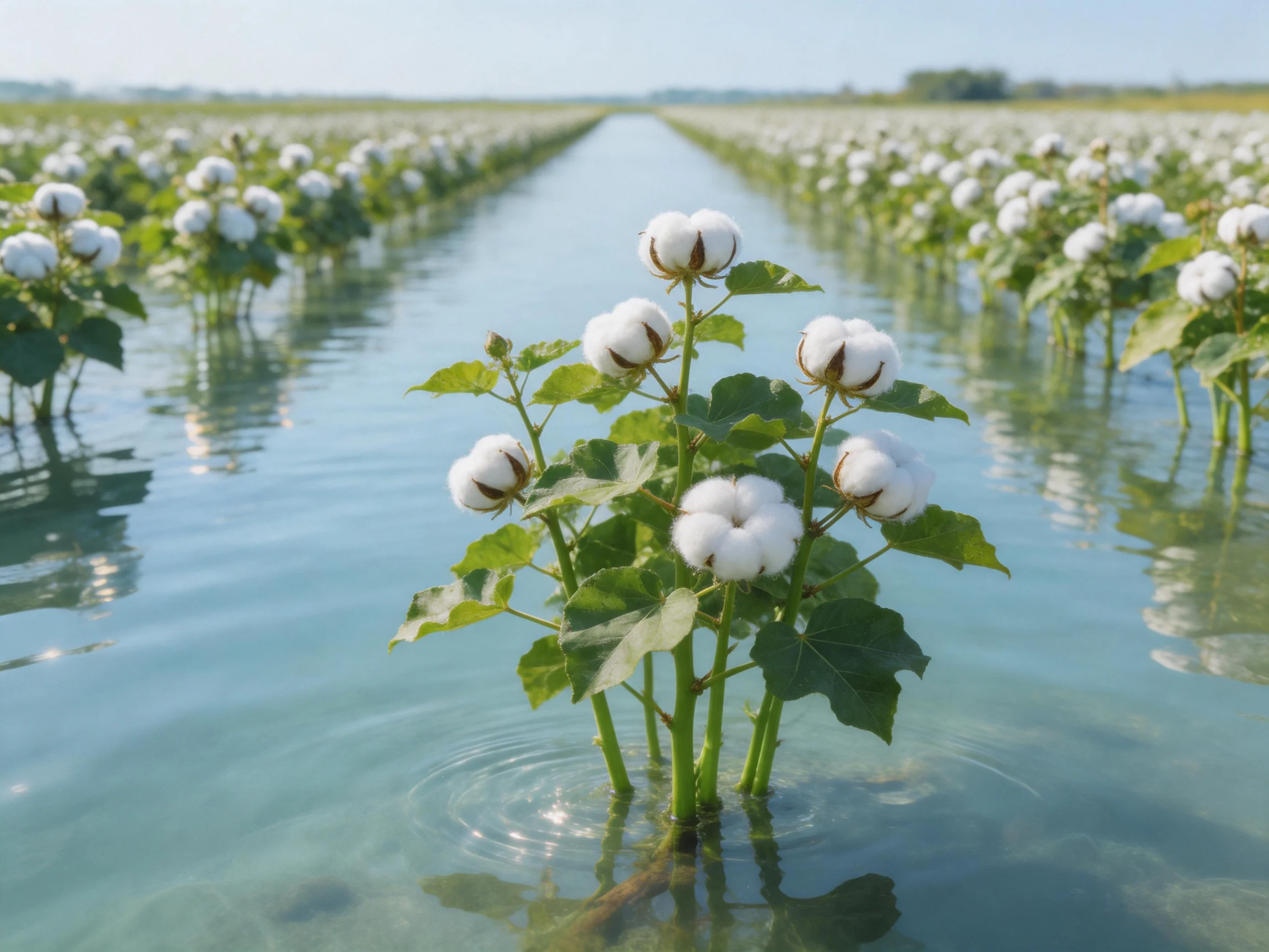 Cotton plants grown in shallow water across vast agricultural fields
