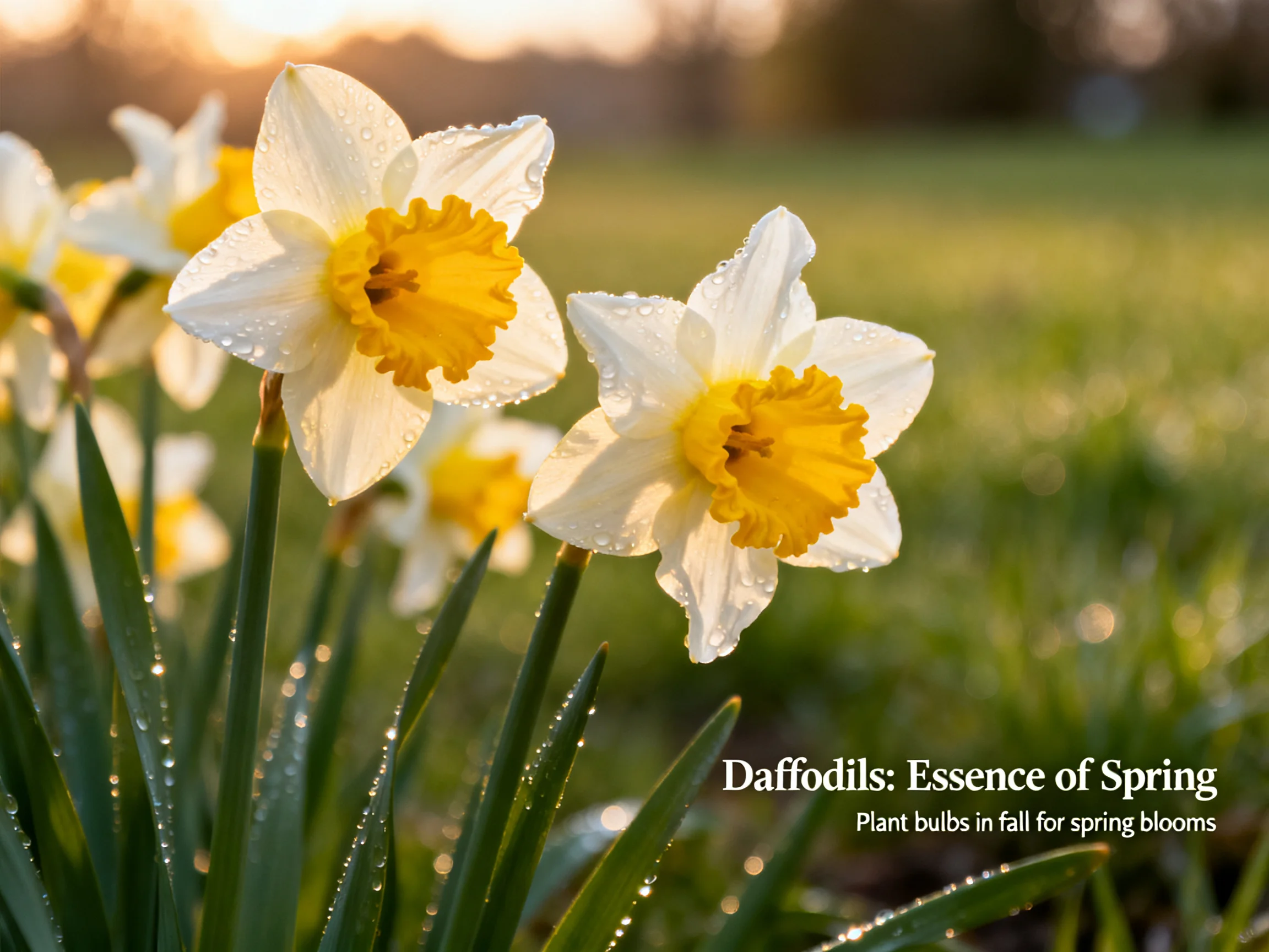 Daffodil Flowers with Dew-Covered Petals in Sunlit Meadow