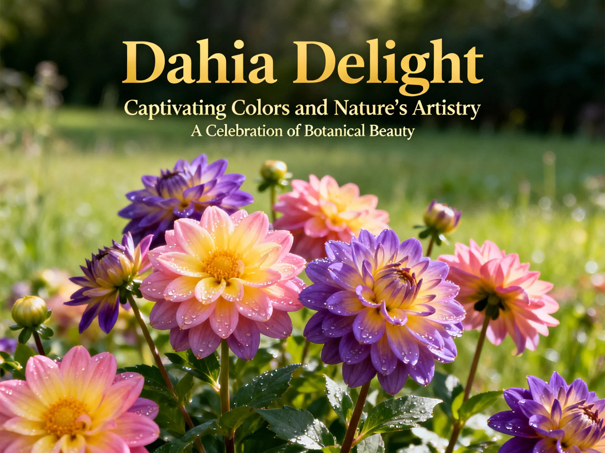 Dahlias in rich purple, pink, and yellow hues bloom in a sunlit landscape.