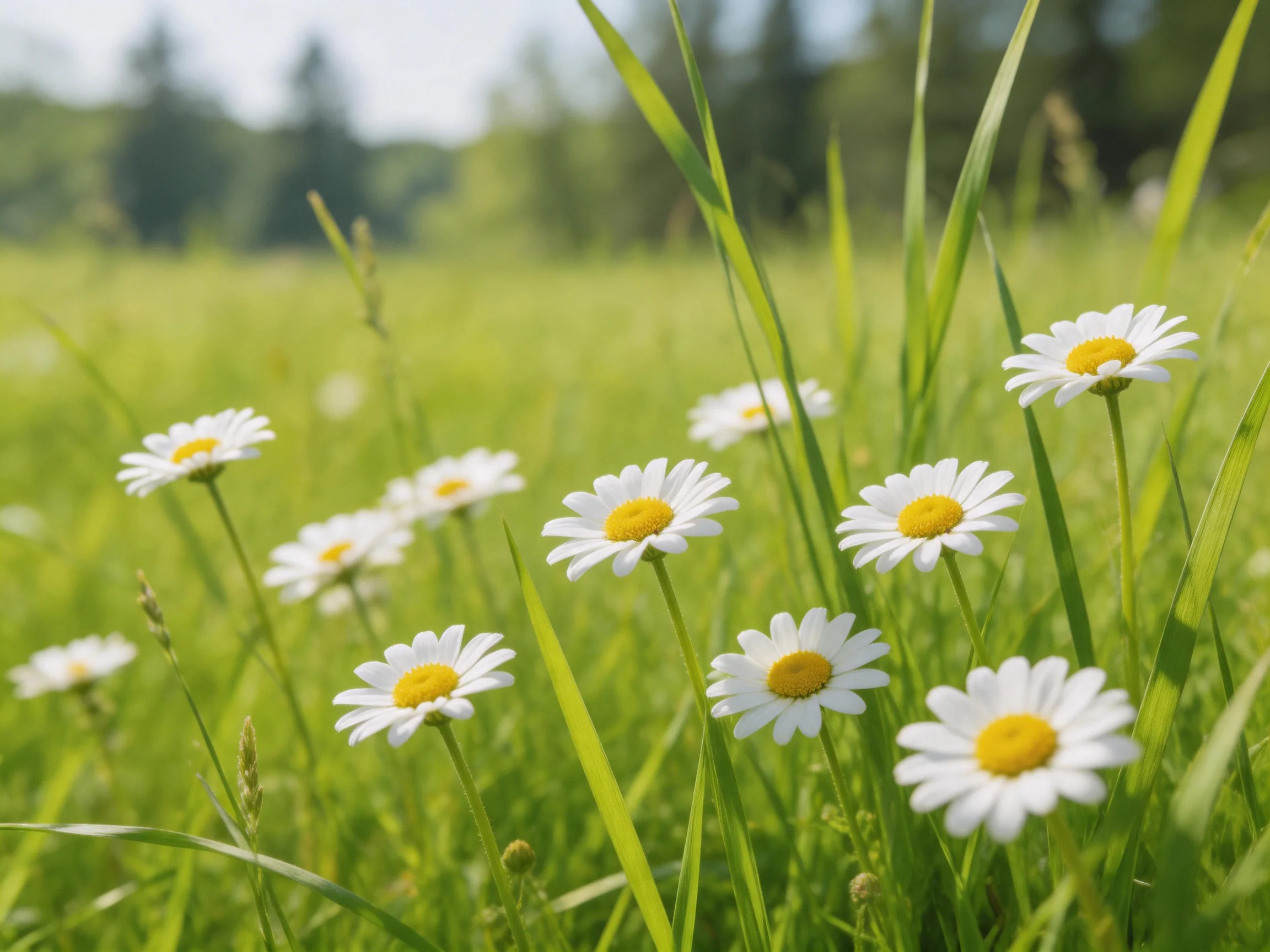 Daisies with white petals and yellow centers scattered in a green meadow