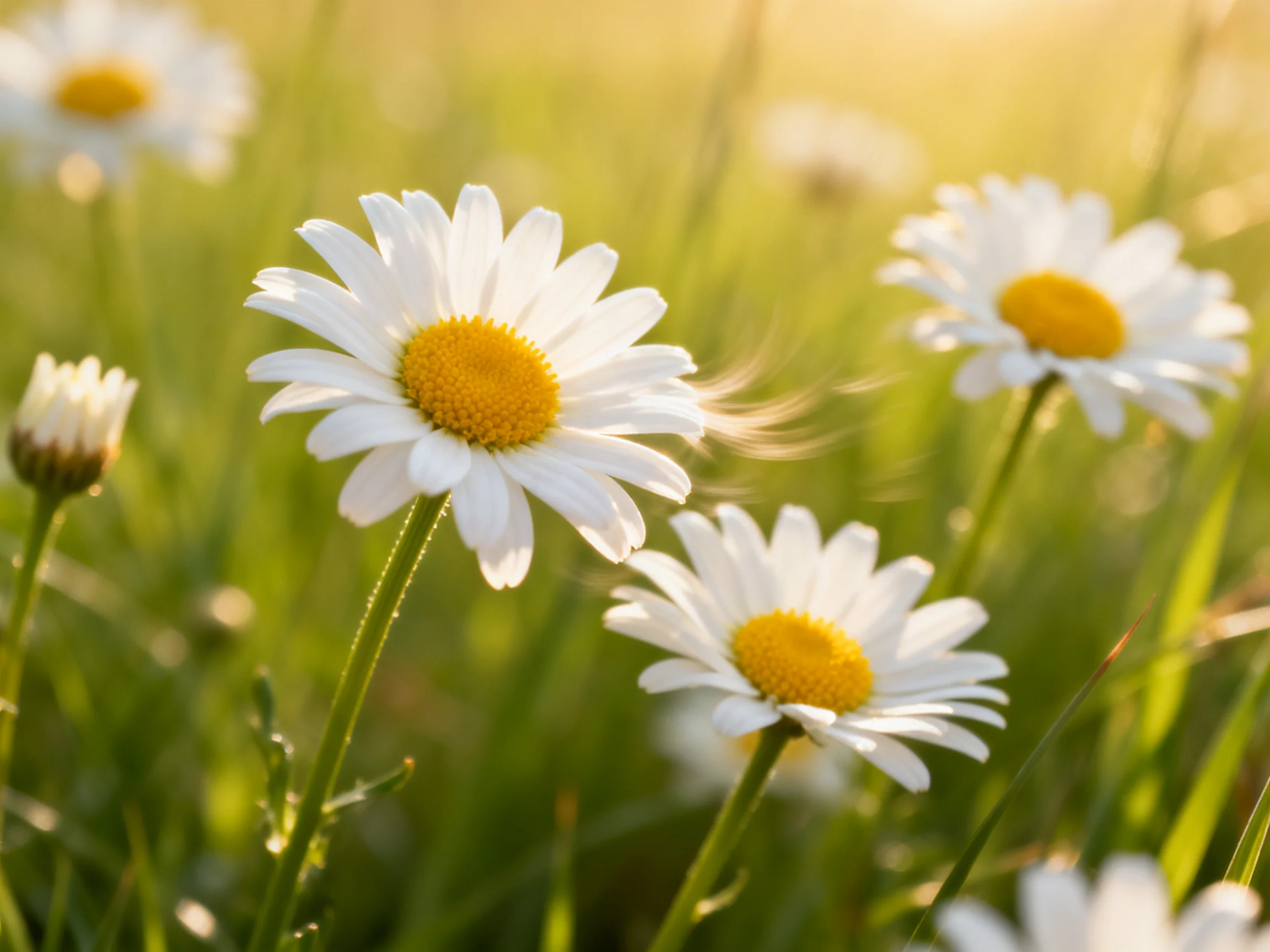 Daisies with white petals and yellow centers sway in a sunlit meadow