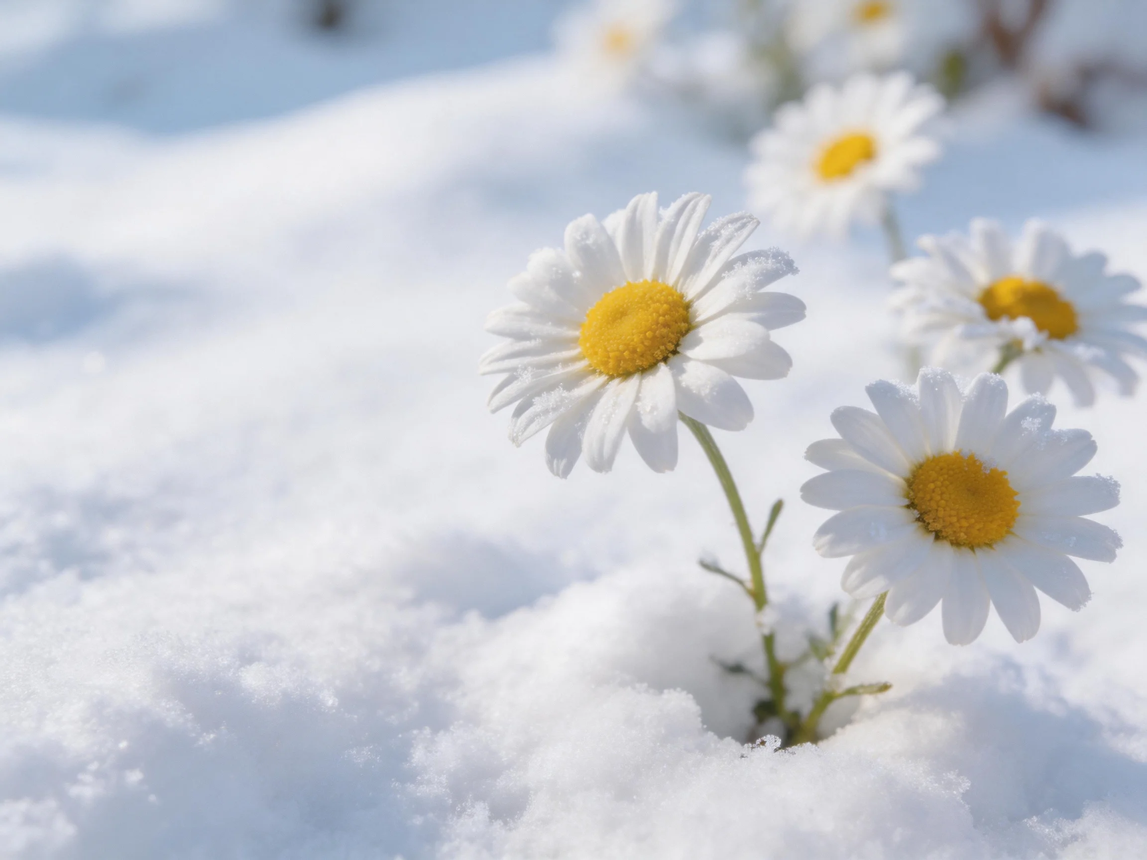 Daisies with yellow centers bloom through a snowy landscape