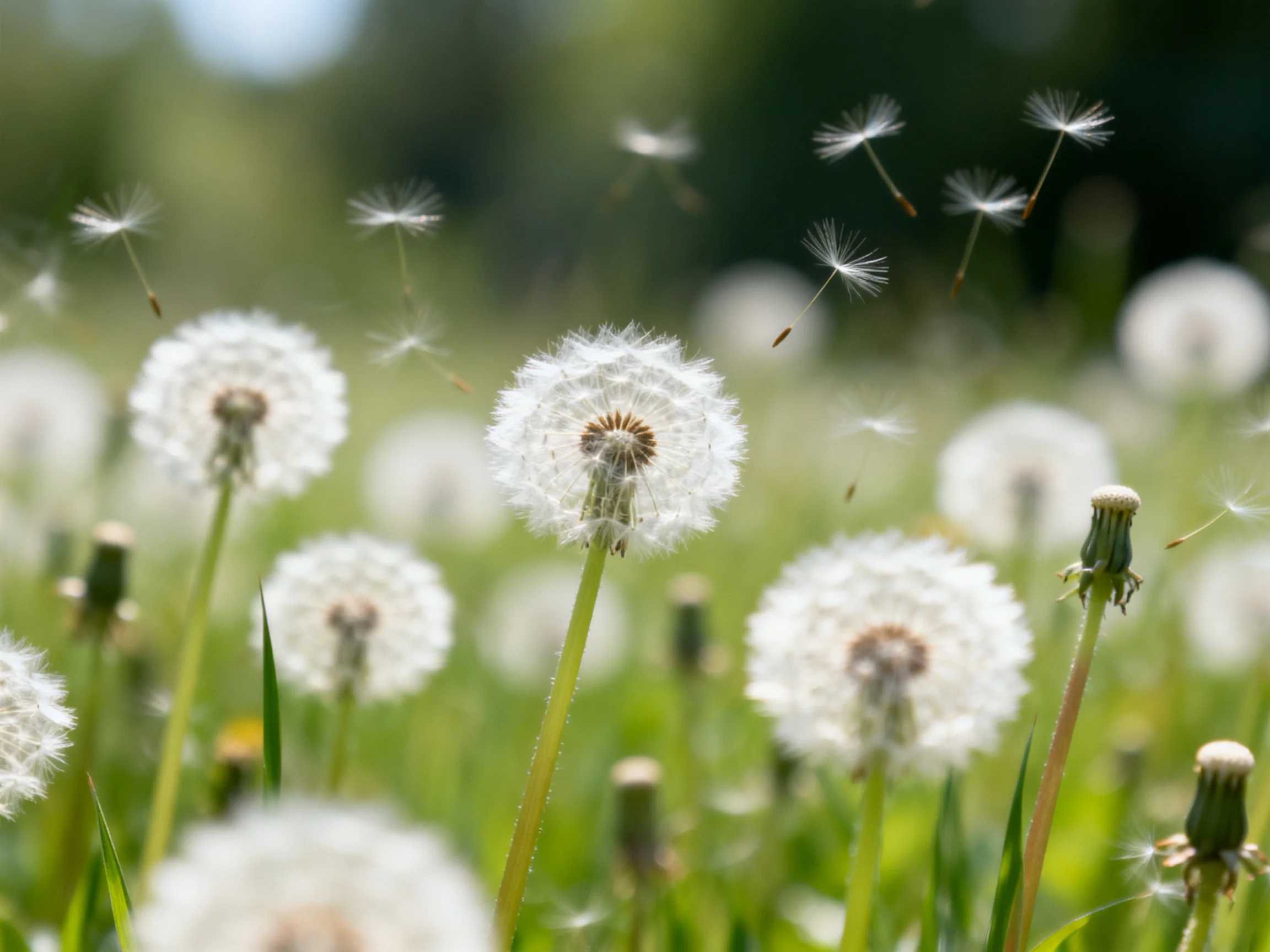Dandelion Field with Floating White Seed Parachutes