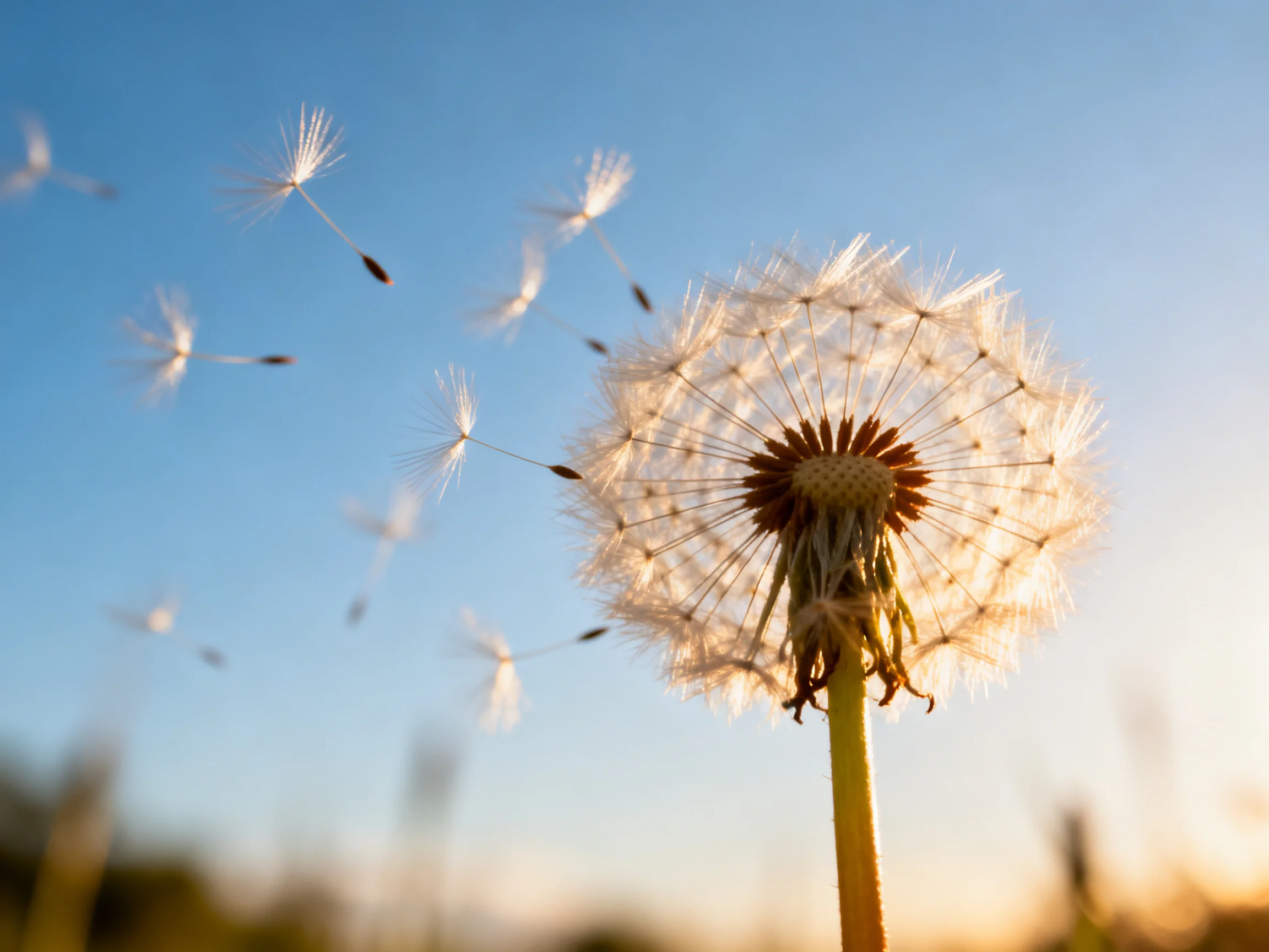 Dandelion Seed Head Dispersing Under Golden Light