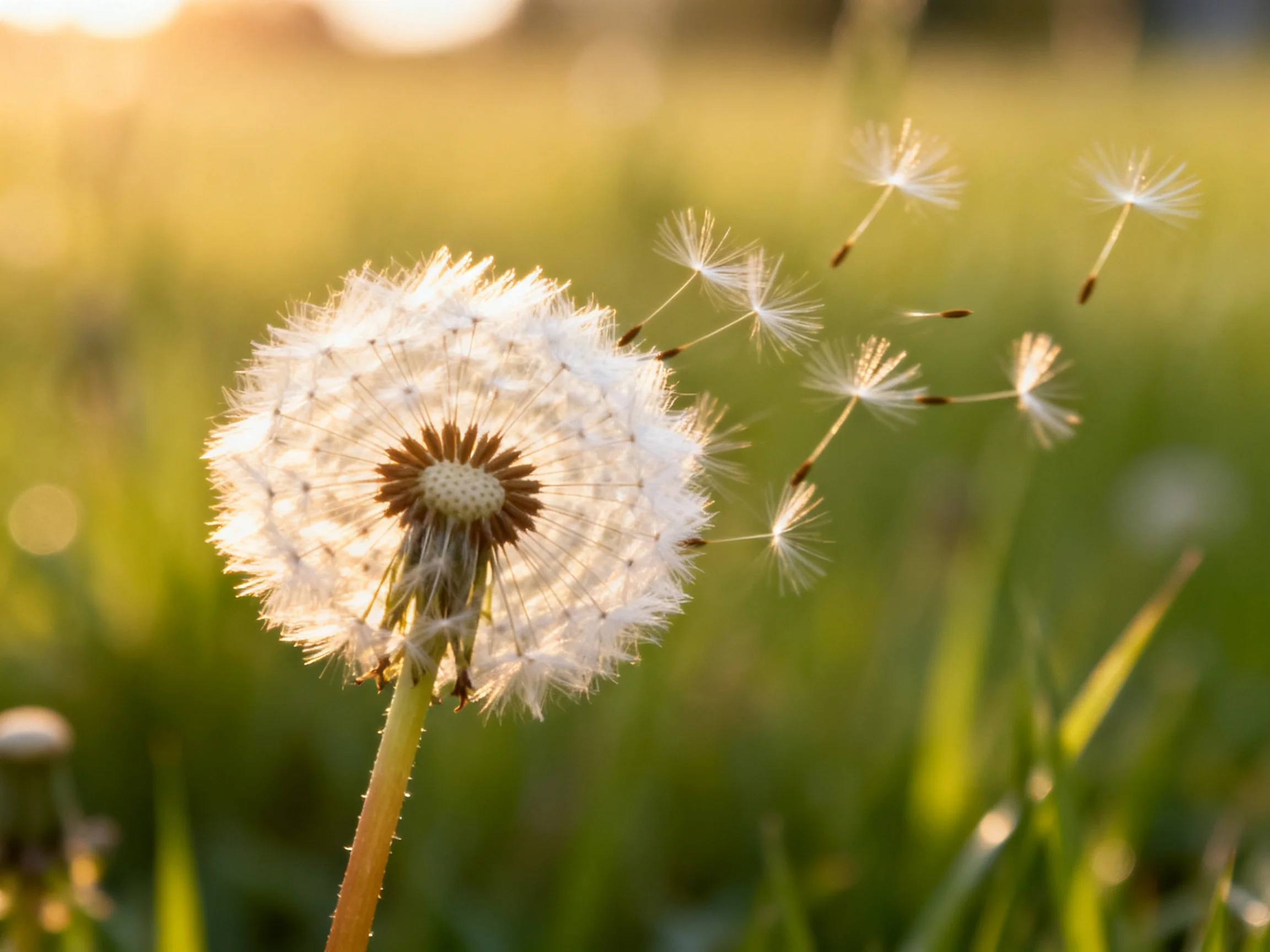 Dandelion Seed Head Dispersing in Golden Sunlit Meadow