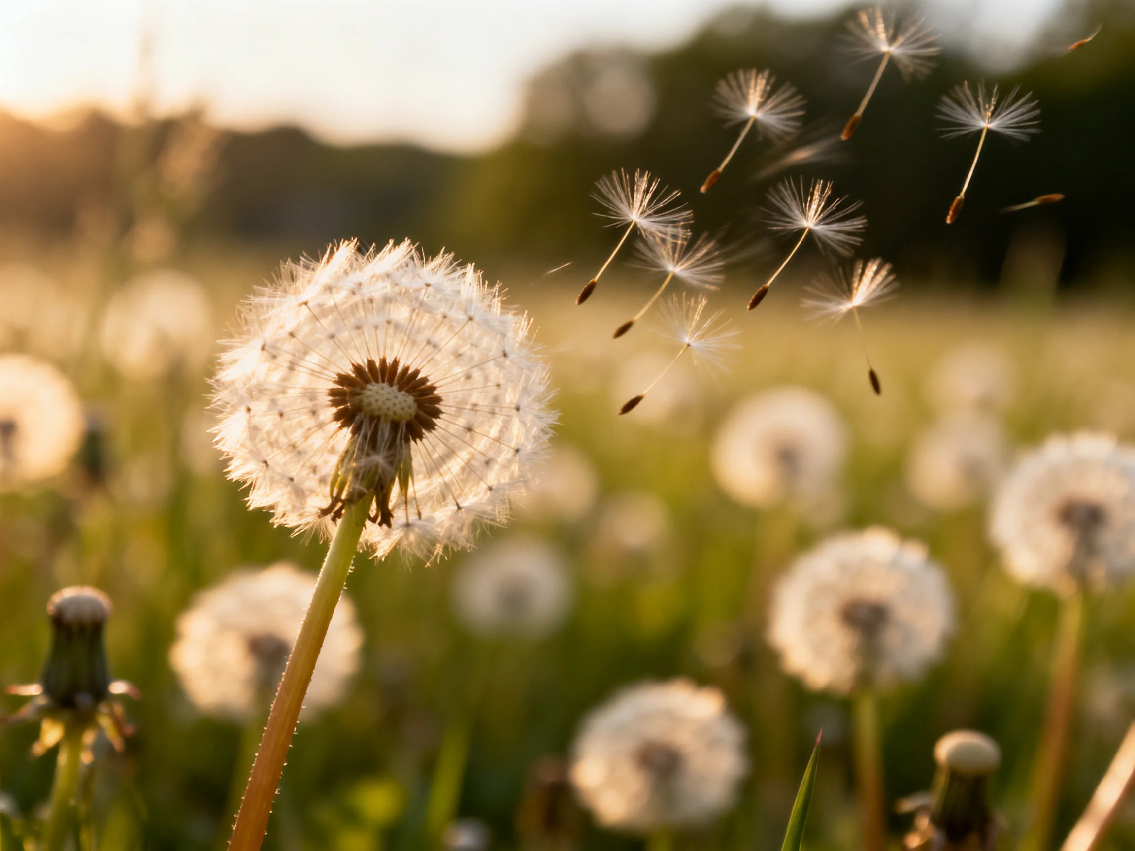 Dandelion Seed Pods in a Sunlit Meadow with Floating Seeds