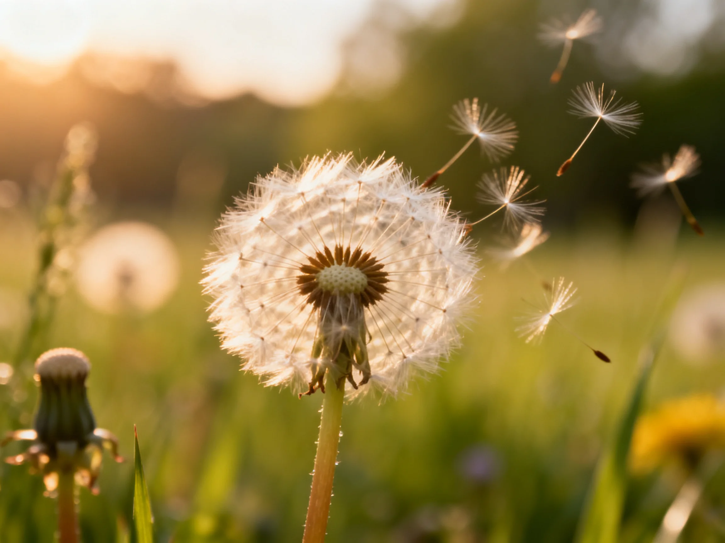 Dandelion Seeds Dispersing in a Sunlit Meadow