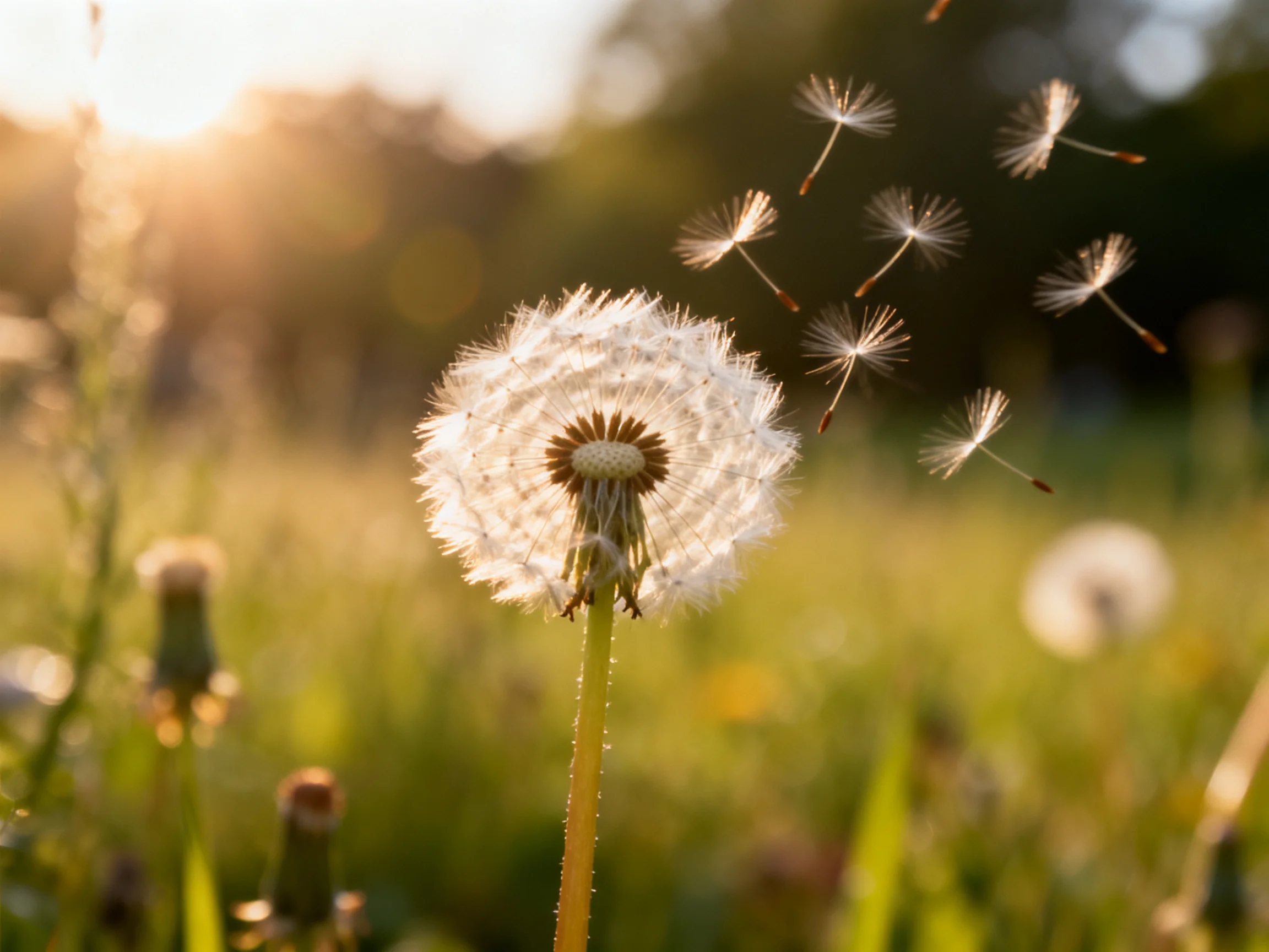 Dandelion Seeds Floating in a Sunlit Green Field