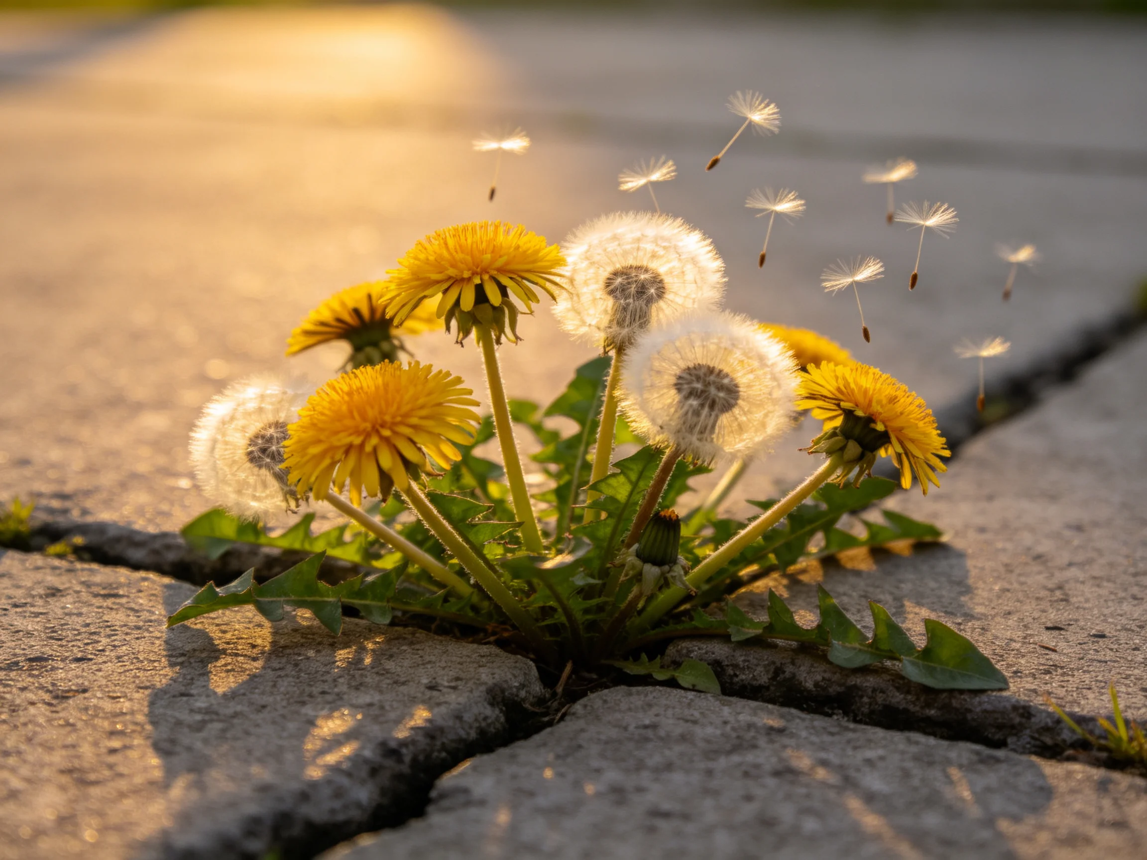 Dandelion cluster with yellow blooms and floating seeds near pavement cracks