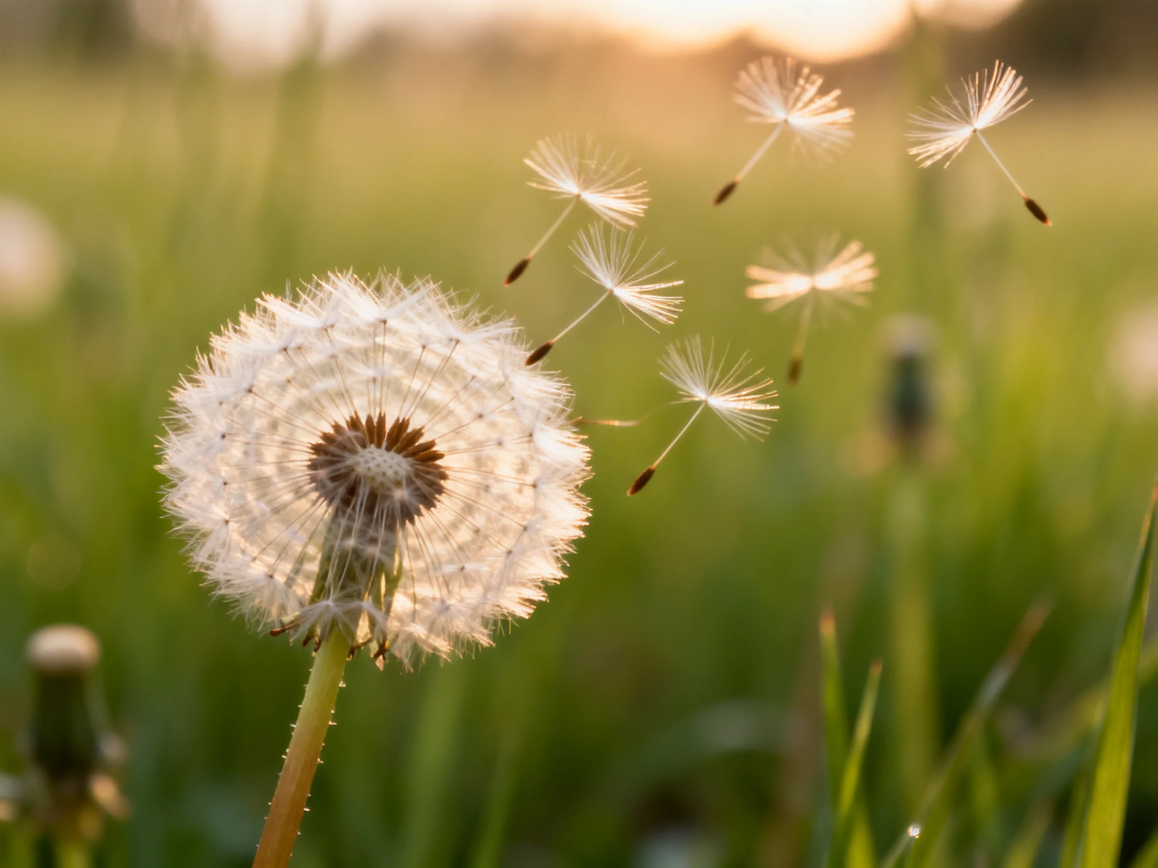 Dandelion seed head with floating seeds in a sunlit field