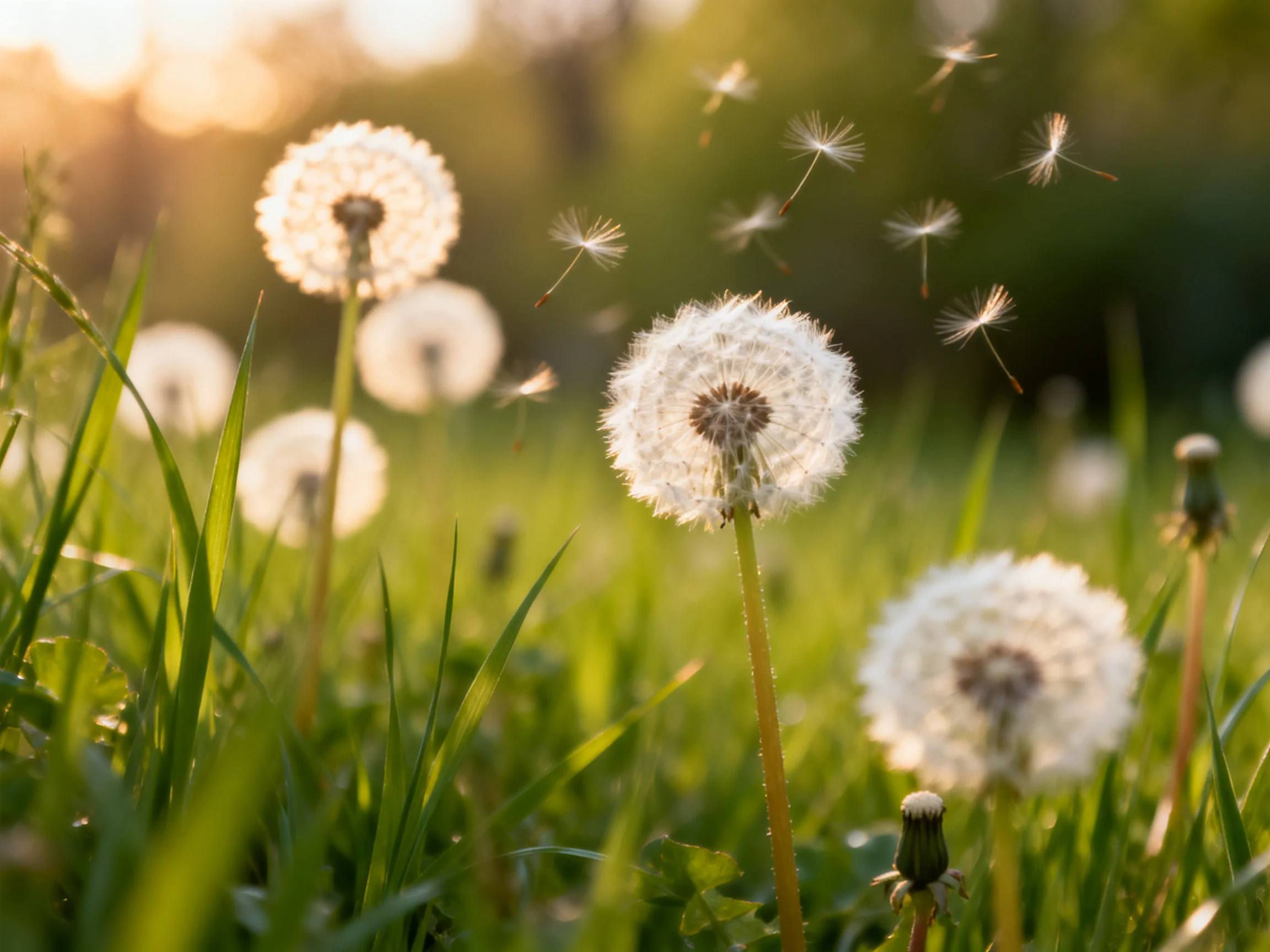 Dandelion seed heads scattered in a sunlit meadow with green grass