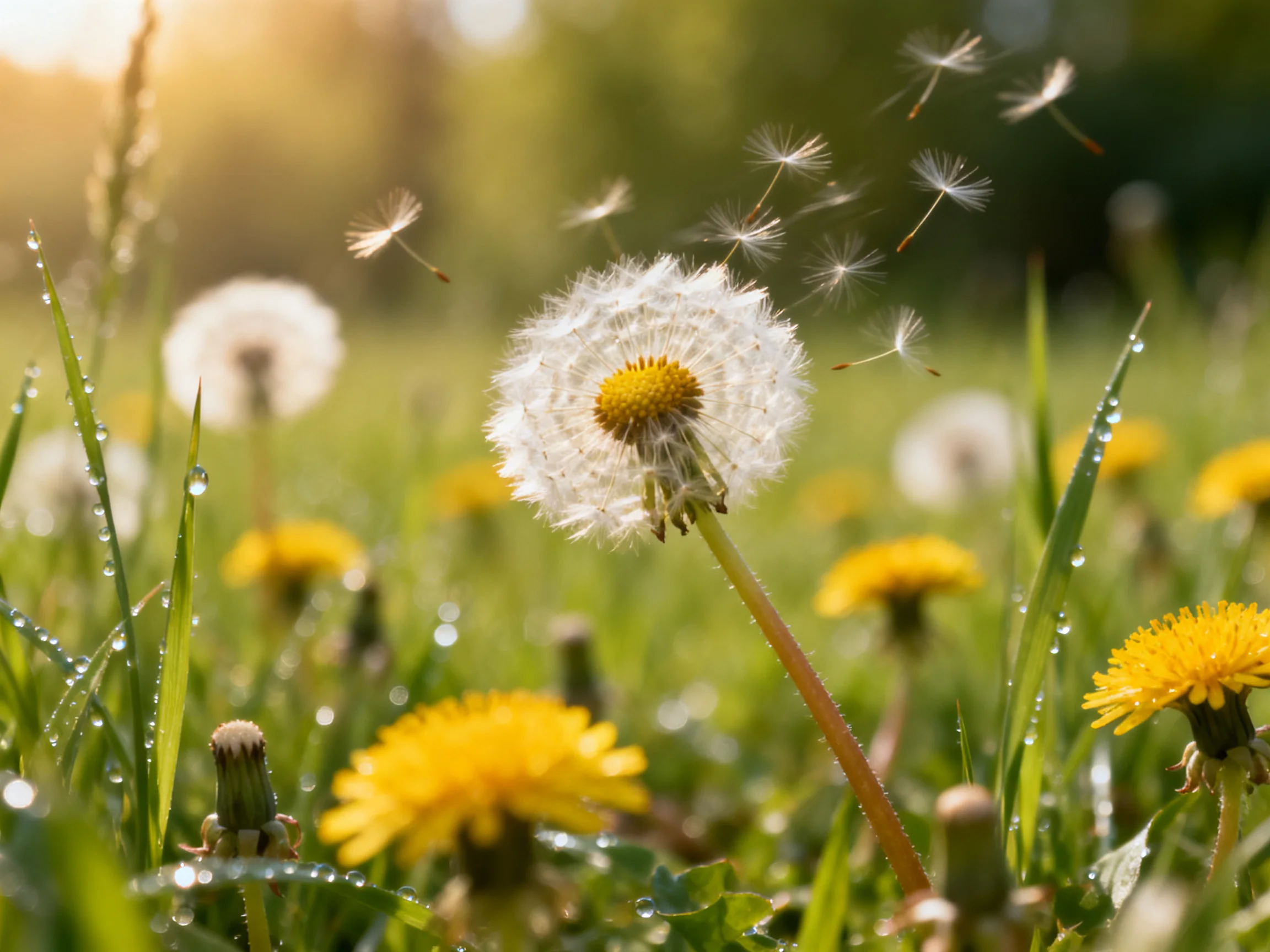 Dandelion seed heads with yellow blooms in dewy green meadow