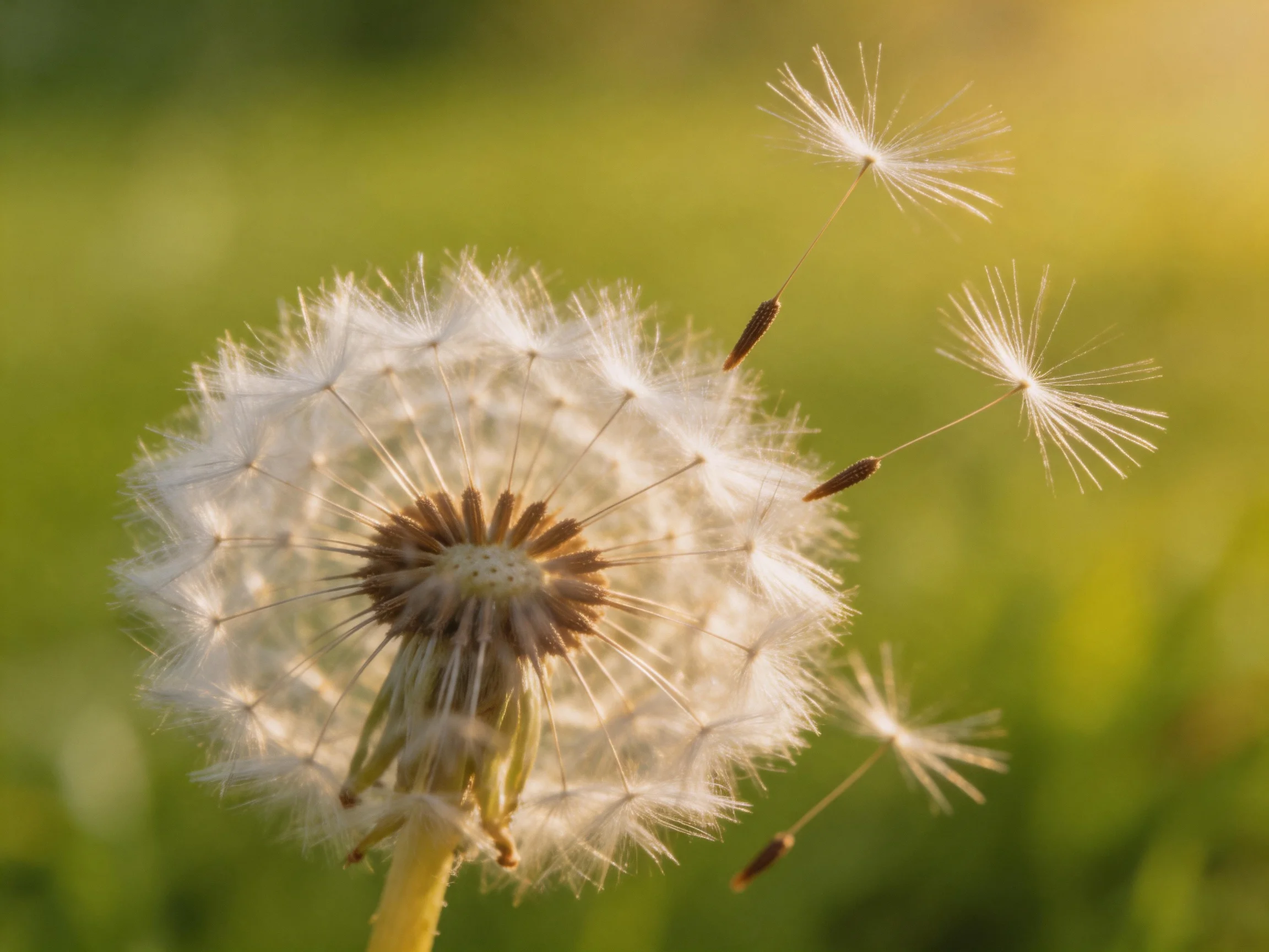 Dandelion seeds dispersing in golden light with green blurred background