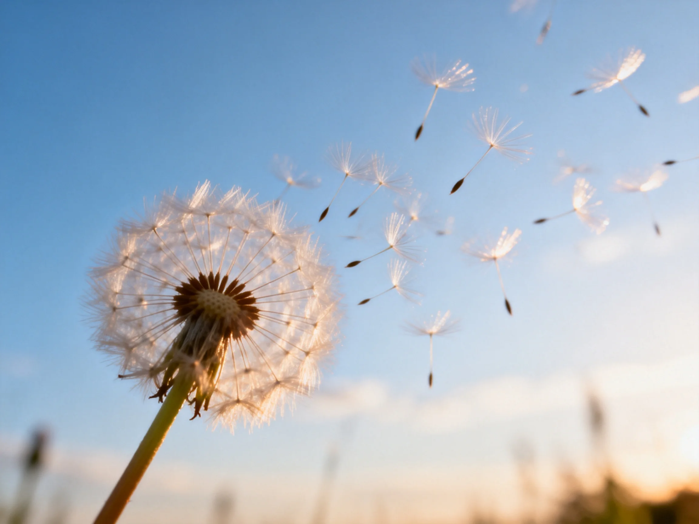 Dandelion seeds dispersing into a clear blue sky