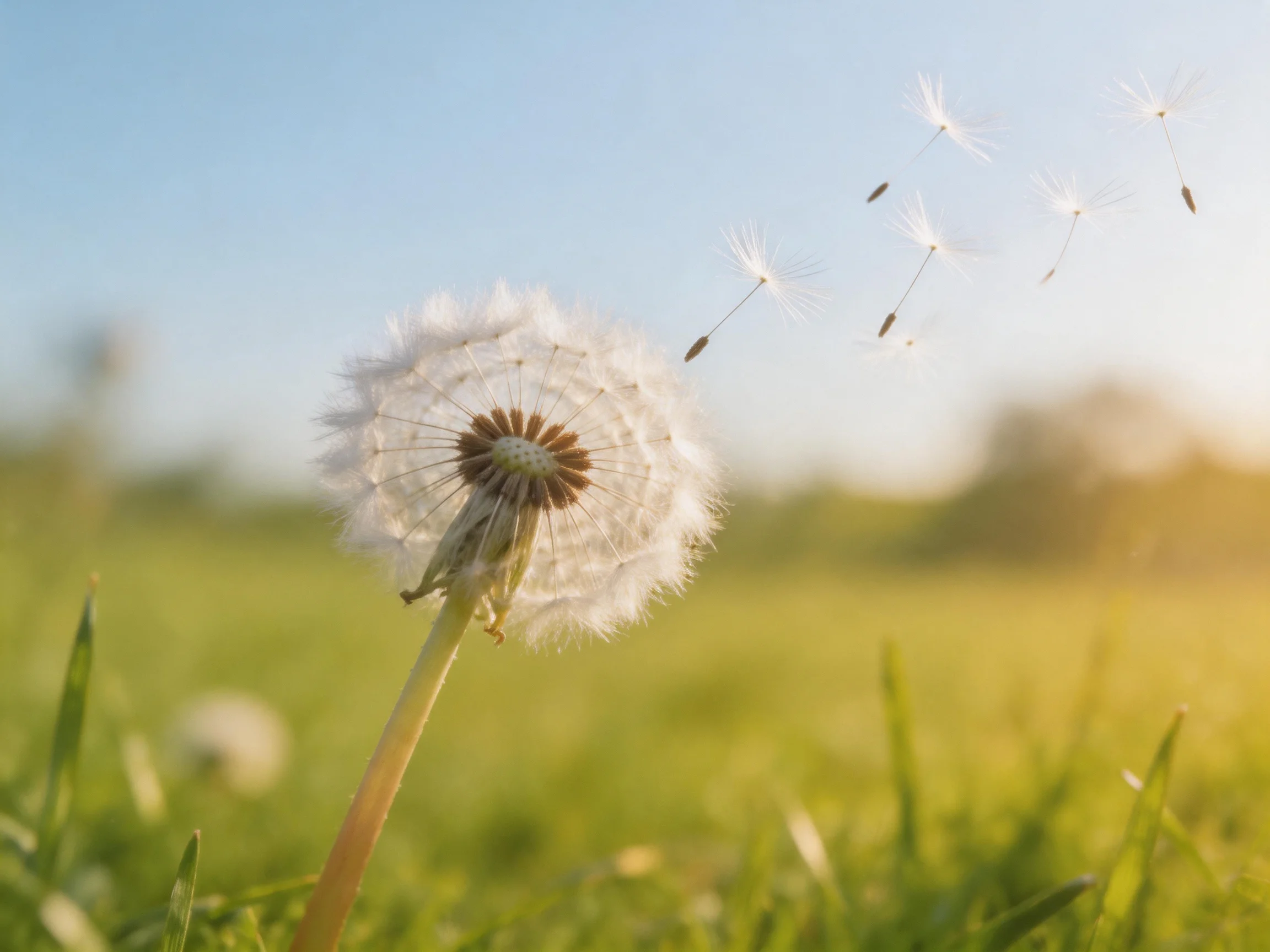 Dandelion seeds dispersing under a clear blue sky in a sunlit meadow