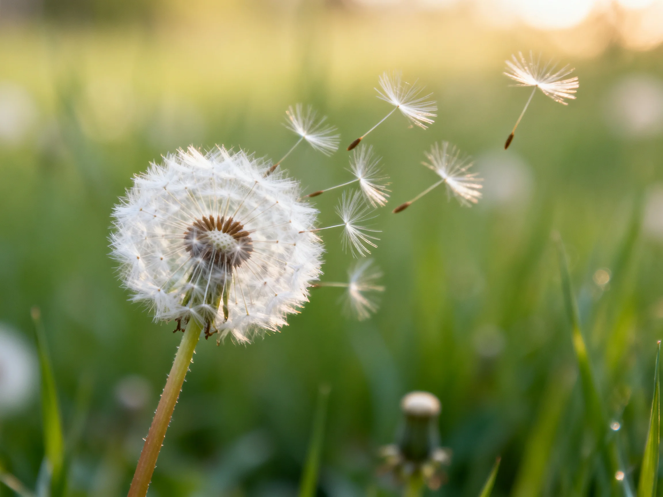 Dandelion seeds floating away in a sunlit green meadow