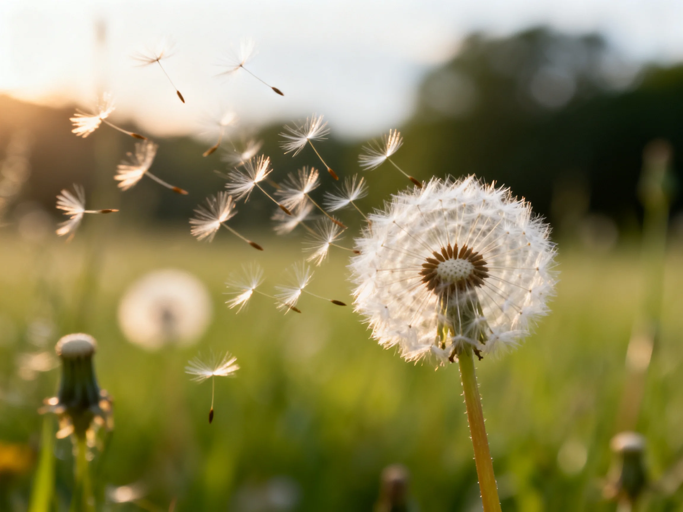 Dandelion seeds floating in a sunlit green meadow