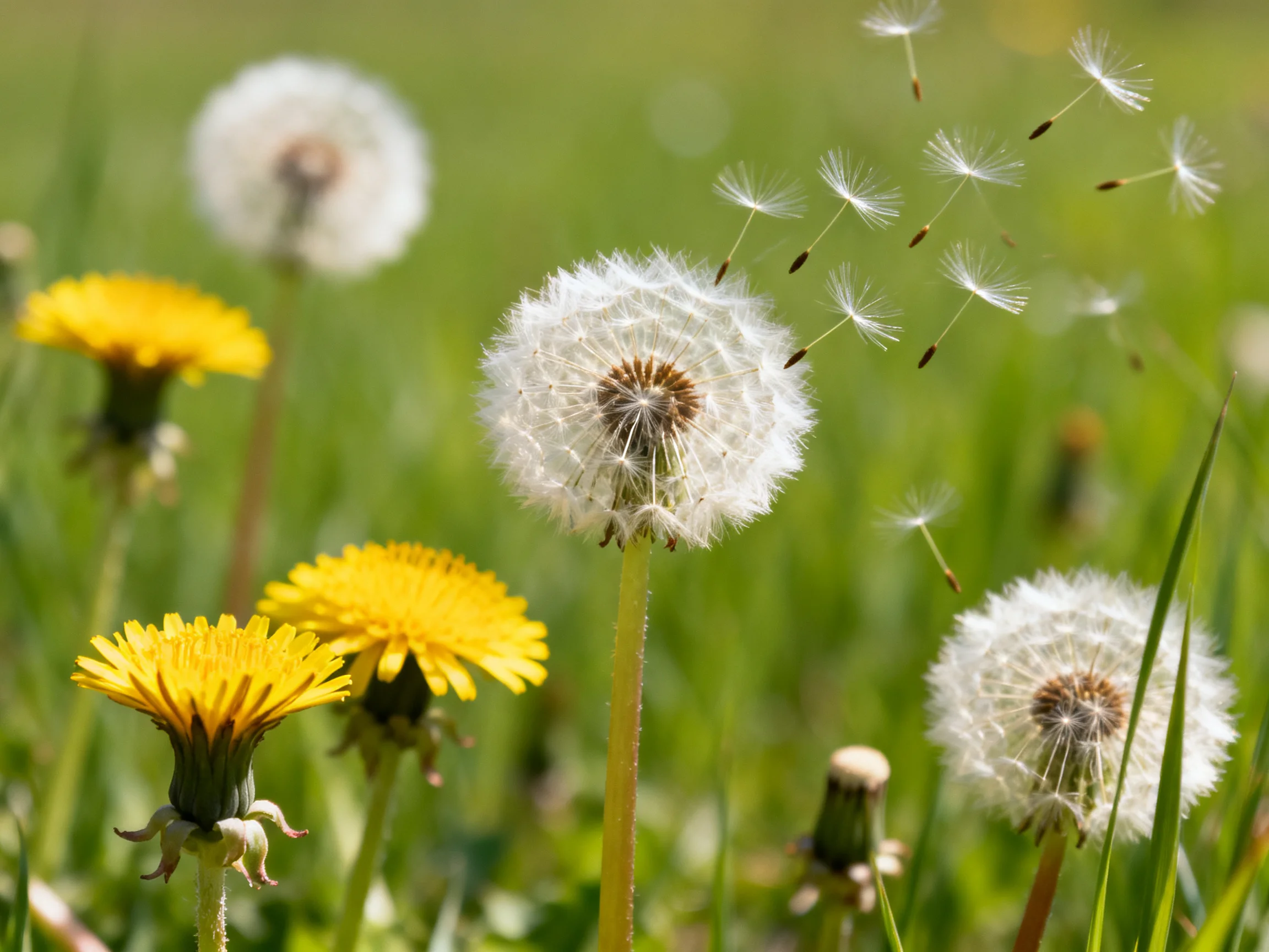 Dandelions in various stages amid vibrant green meadow