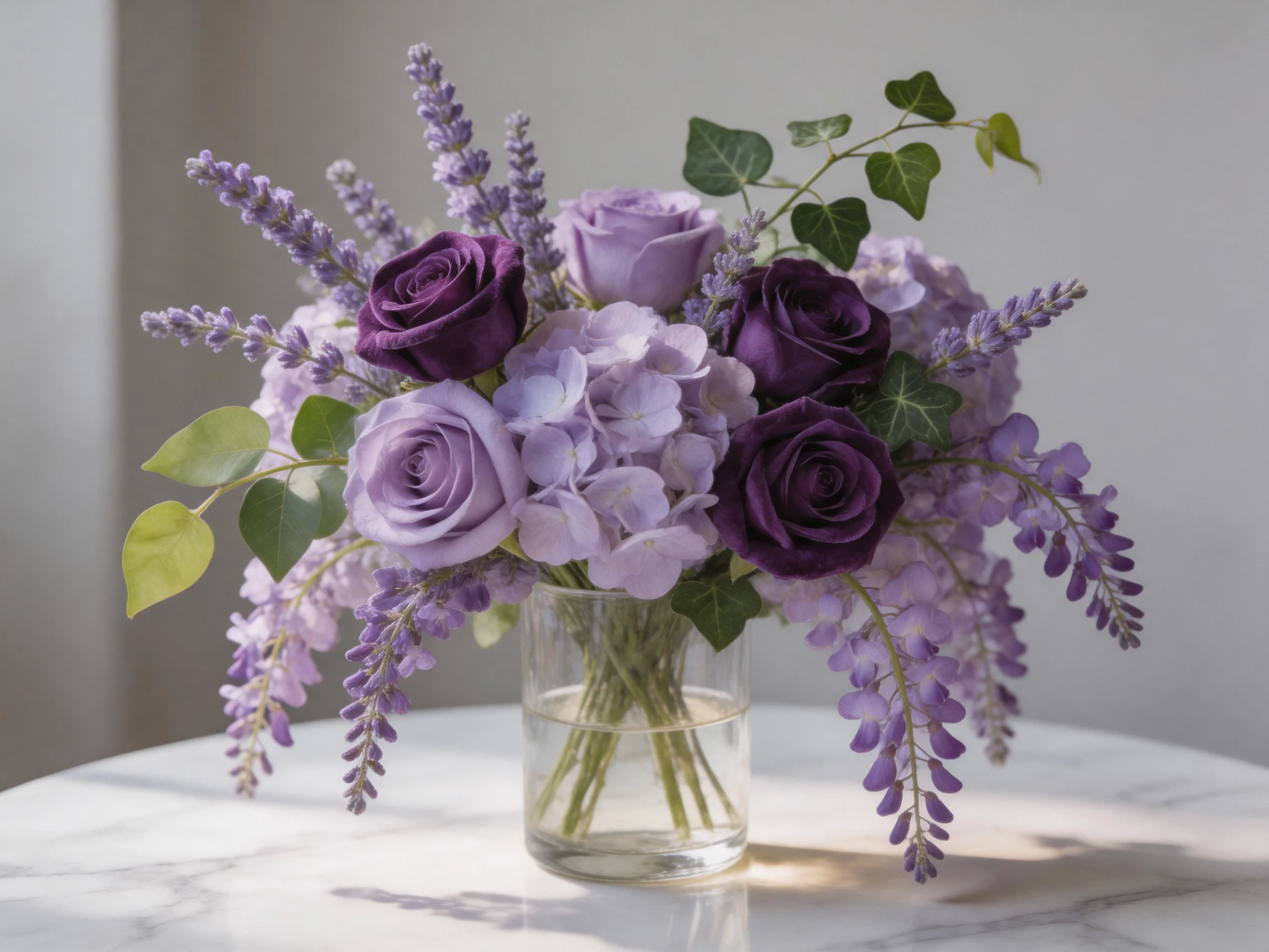 Dark and light purple roses, hydrangeas, and lavender in a glass vase