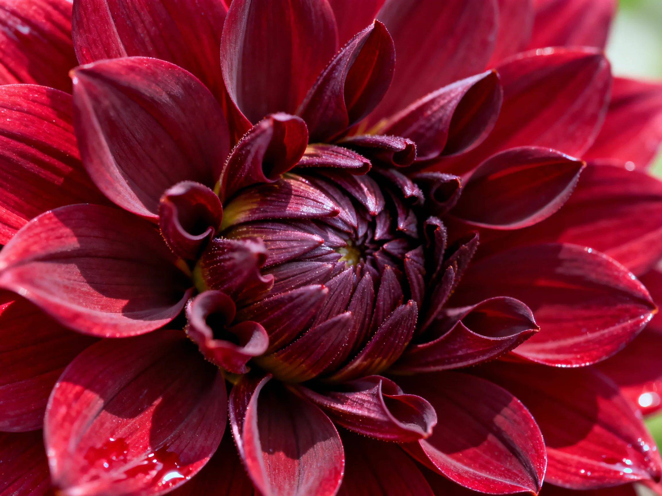 Deep burgundy dahlia with layered petals and central core