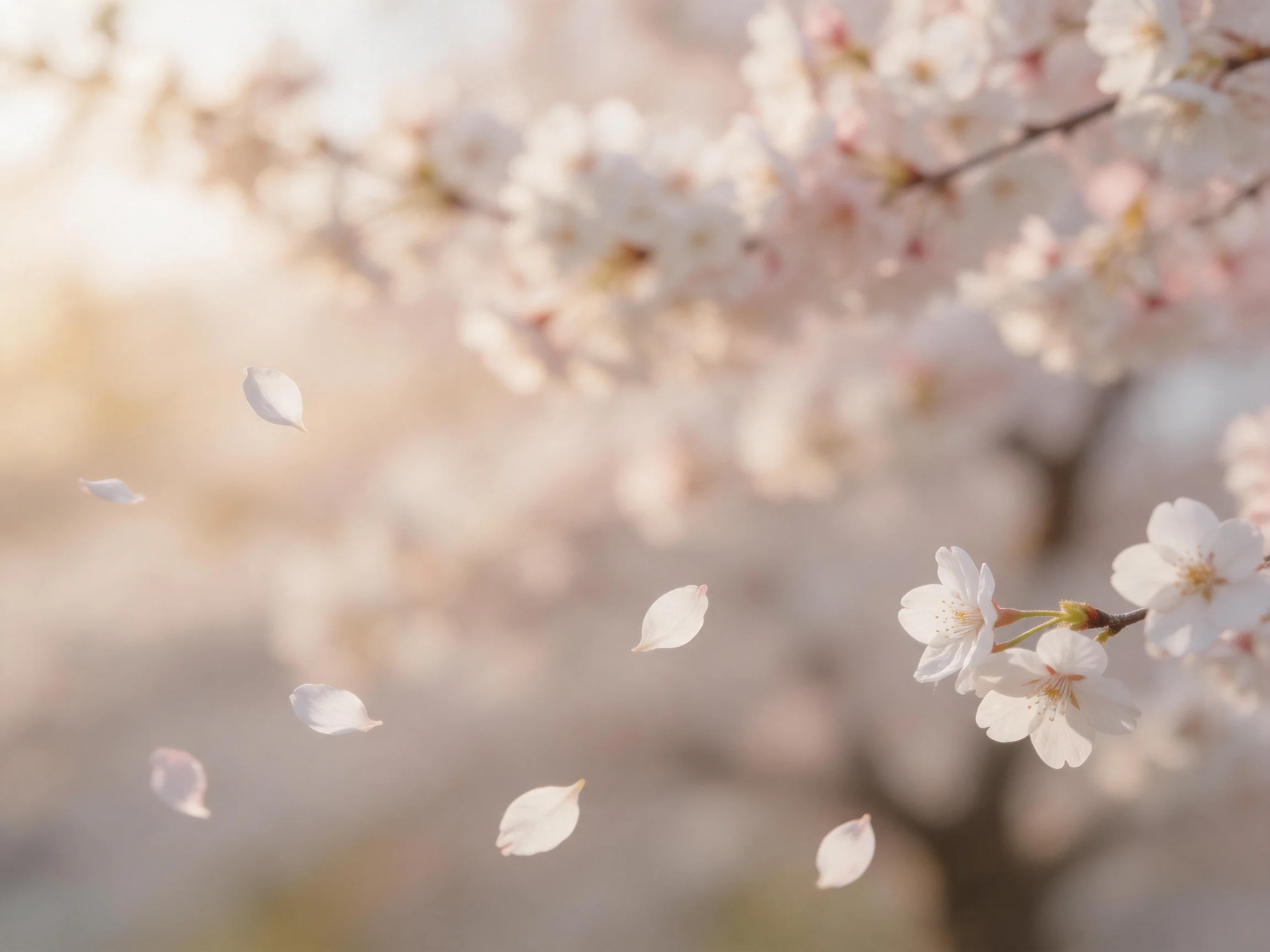 Delicate Cherry Blossom Petals Falling Near Blooming Branches
