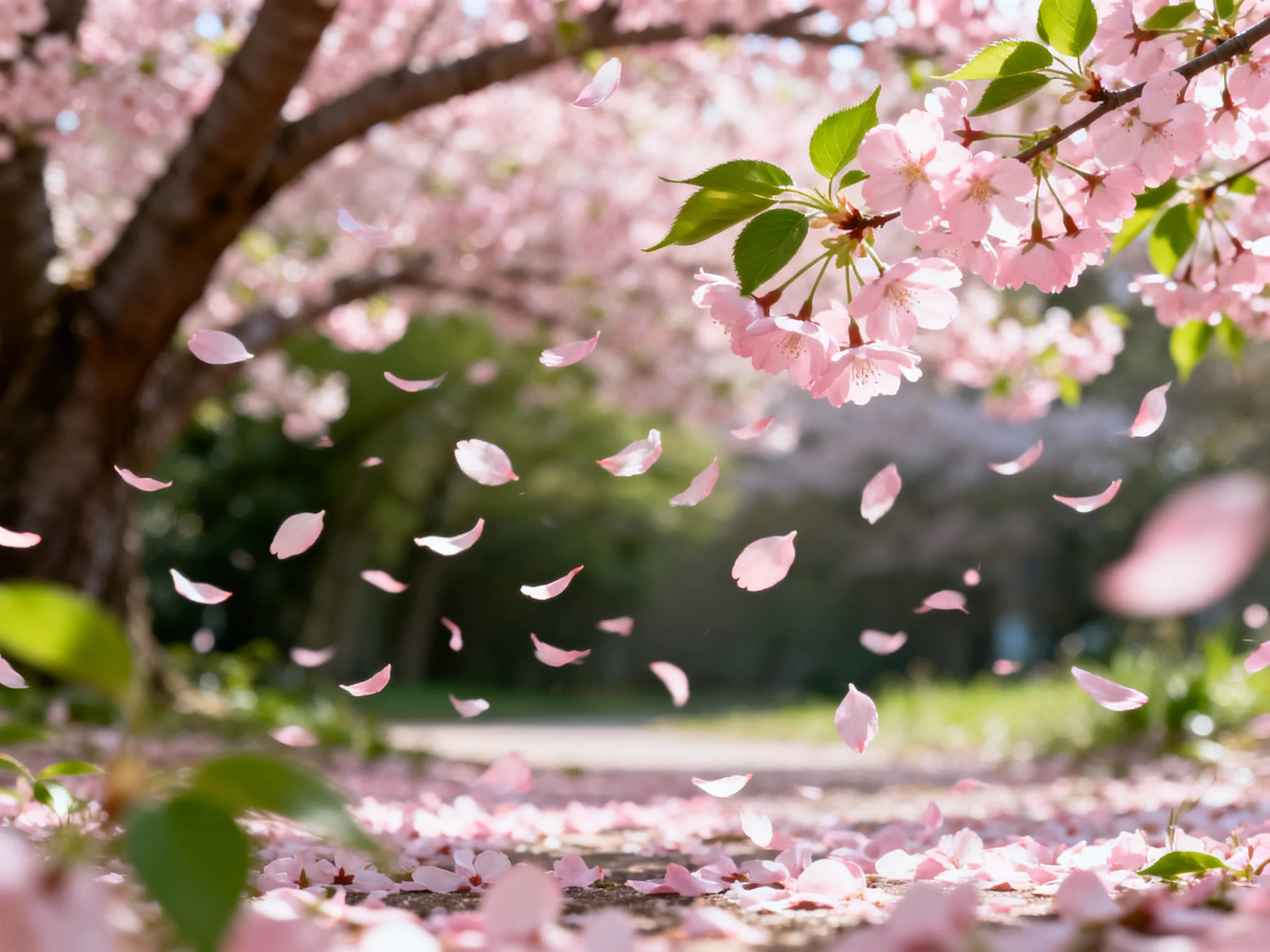 Delicate Pink Cherry Blossom Petals Drifting Through a Sunlit Garden
