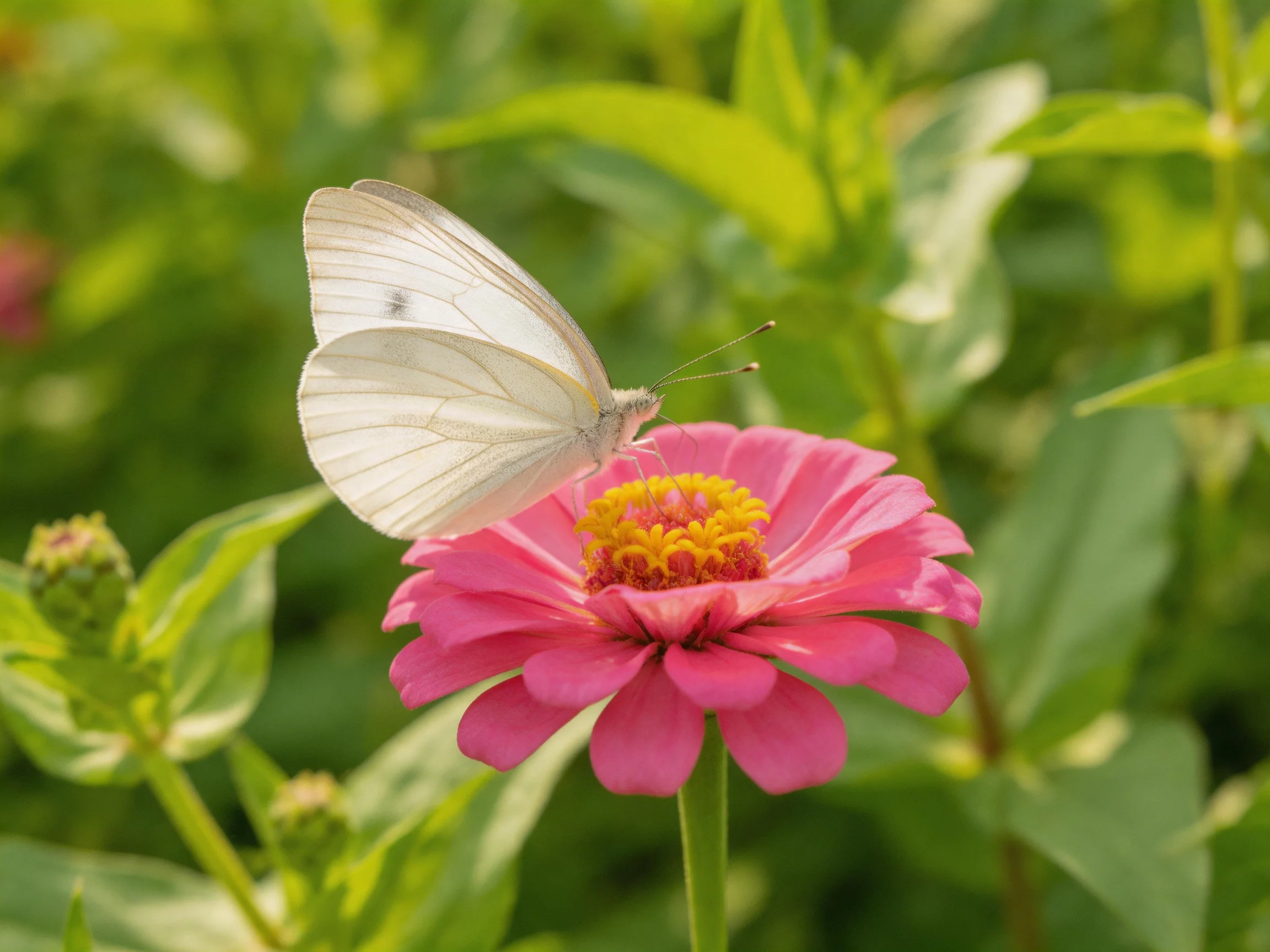Delicate White Butterfly on Vibrant Pink Zinnia Among Green Foliage