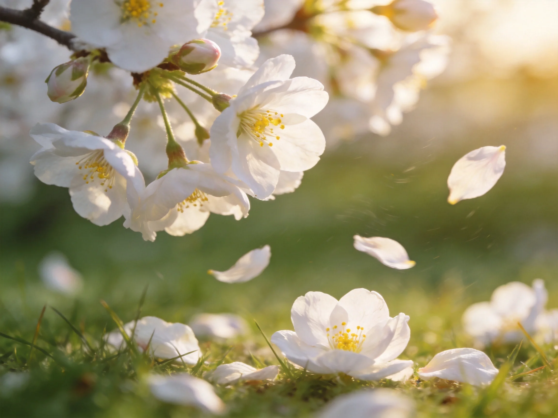 Delicate White Cherry Blossoms Falling Amid Sunlit Green Grass