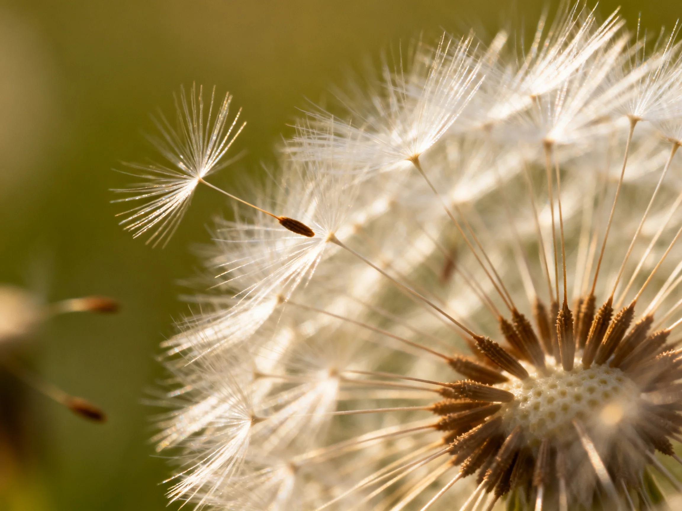 Delicate White Dandelion Seeds with Brown Centers in Soft Focus