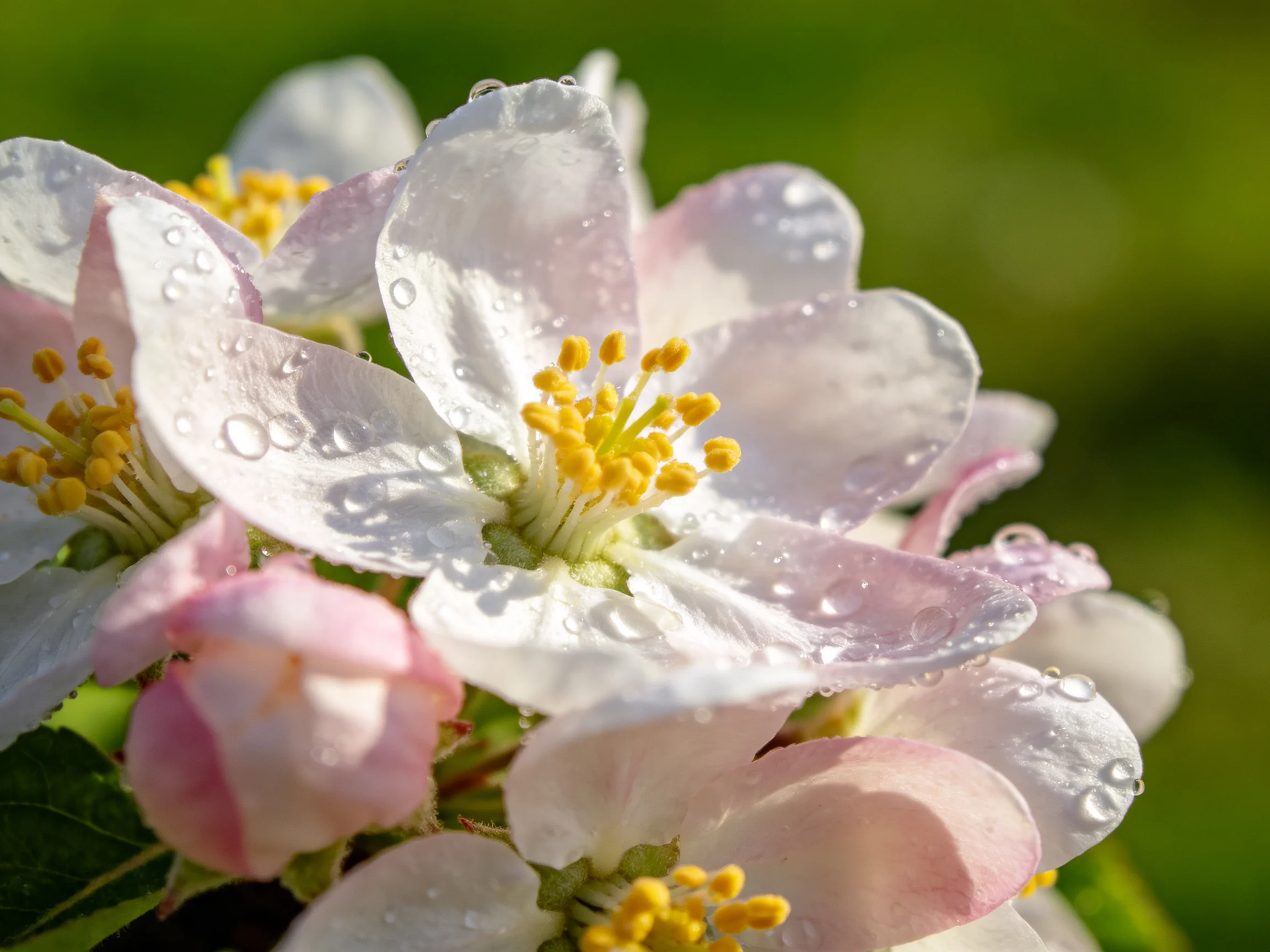 Delicate apple blossoms with glistening dewdrops, soft pink and white petals