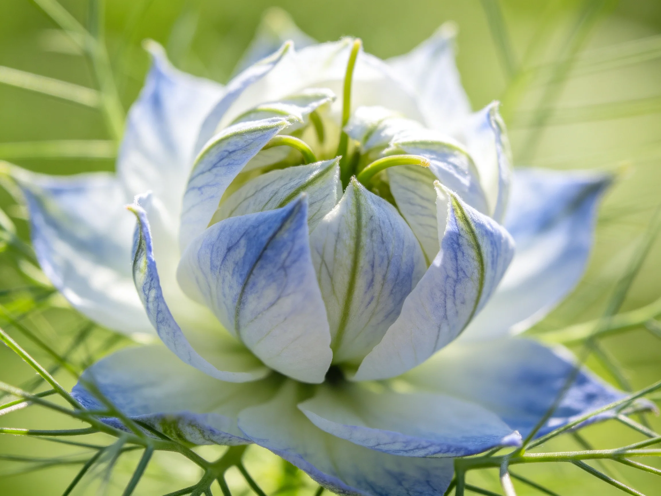 Delicate blue and white flower bud with intricate petal details