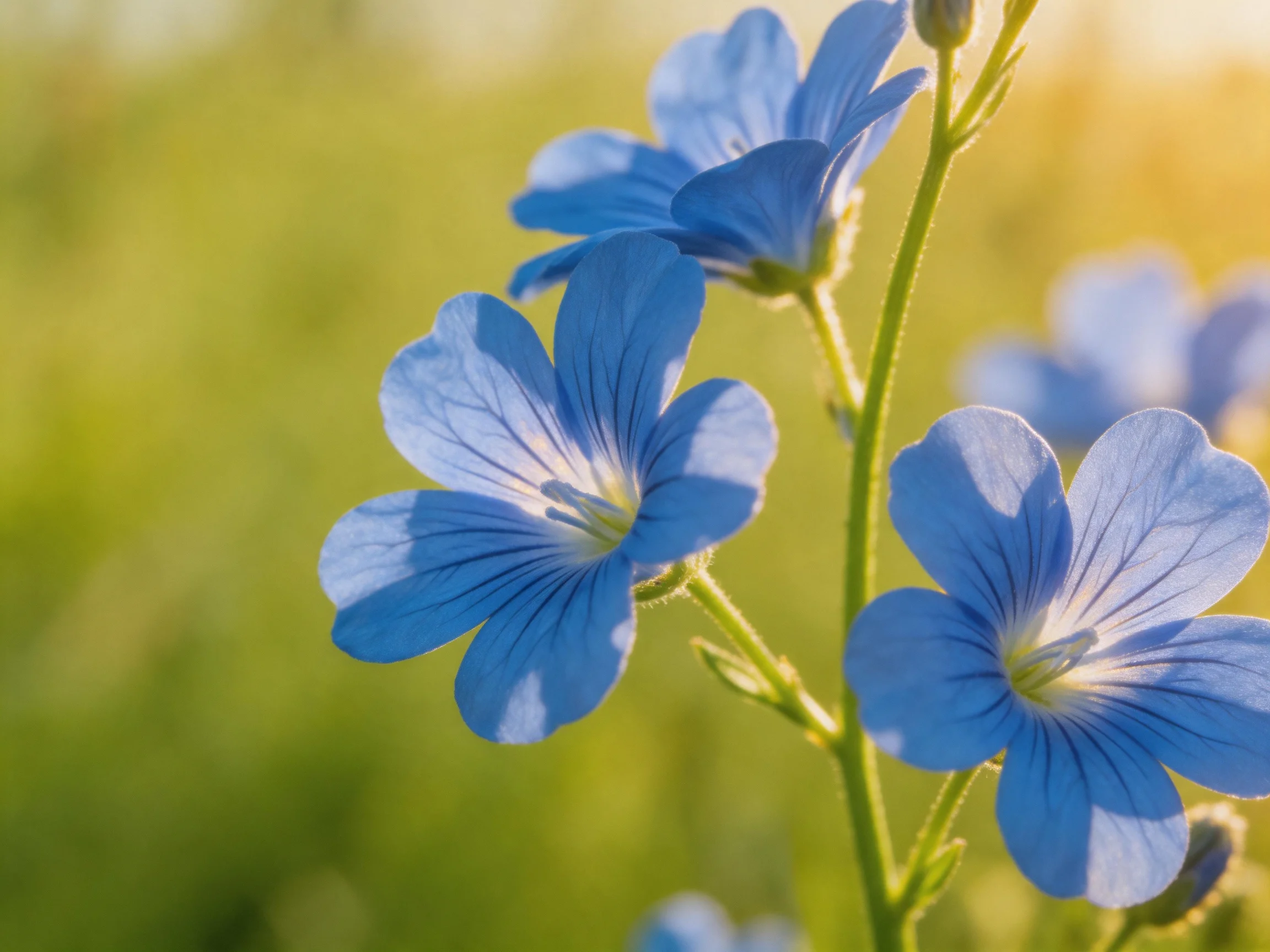Delicate blue flax flowers bloom in a sunlit meadow