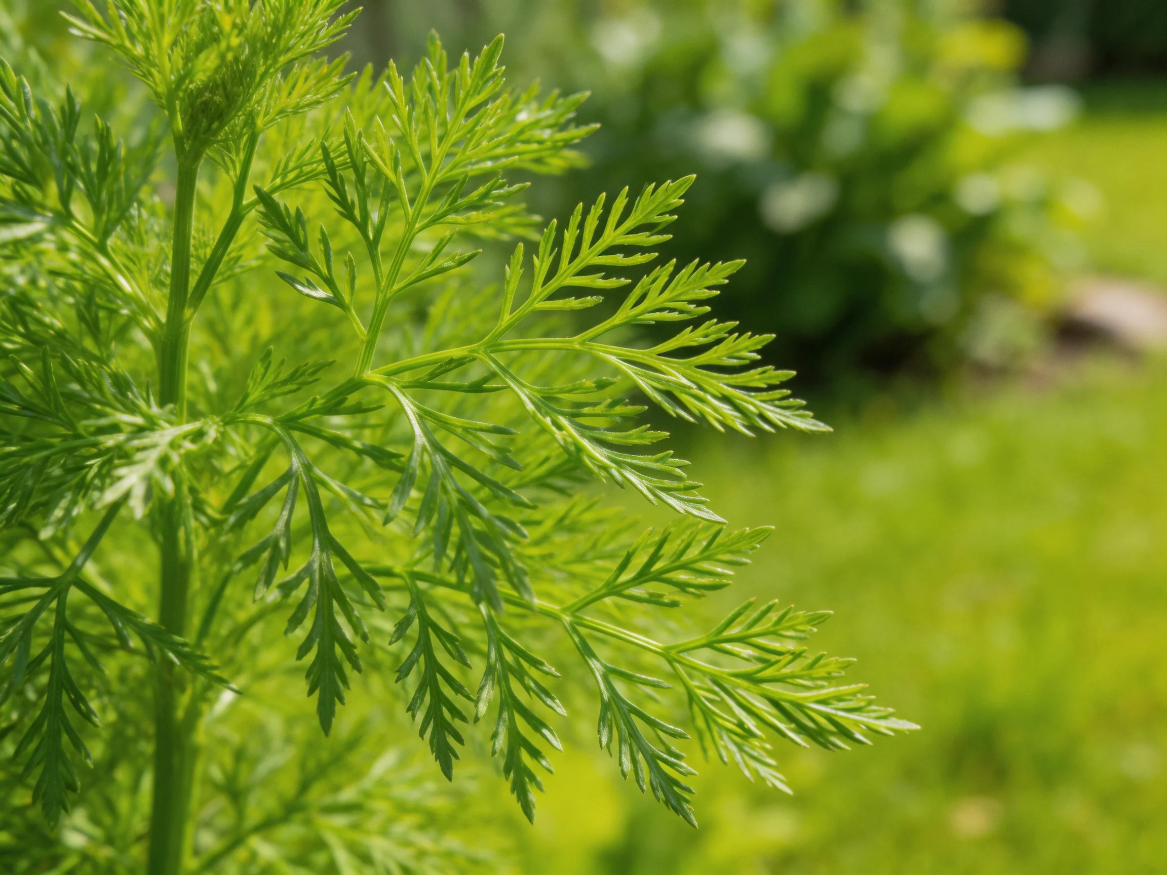 Delicate fern-like herb leaves thriving in a sunlit garden