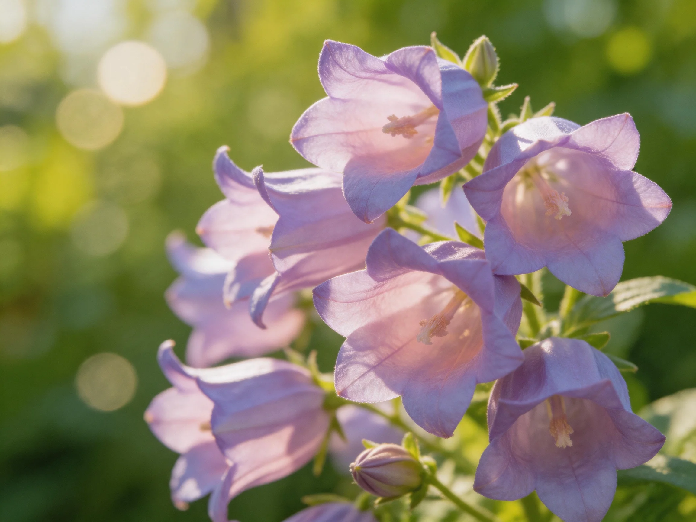 Delicate lavender bellflowers bloom against a sunlit green backdrop
