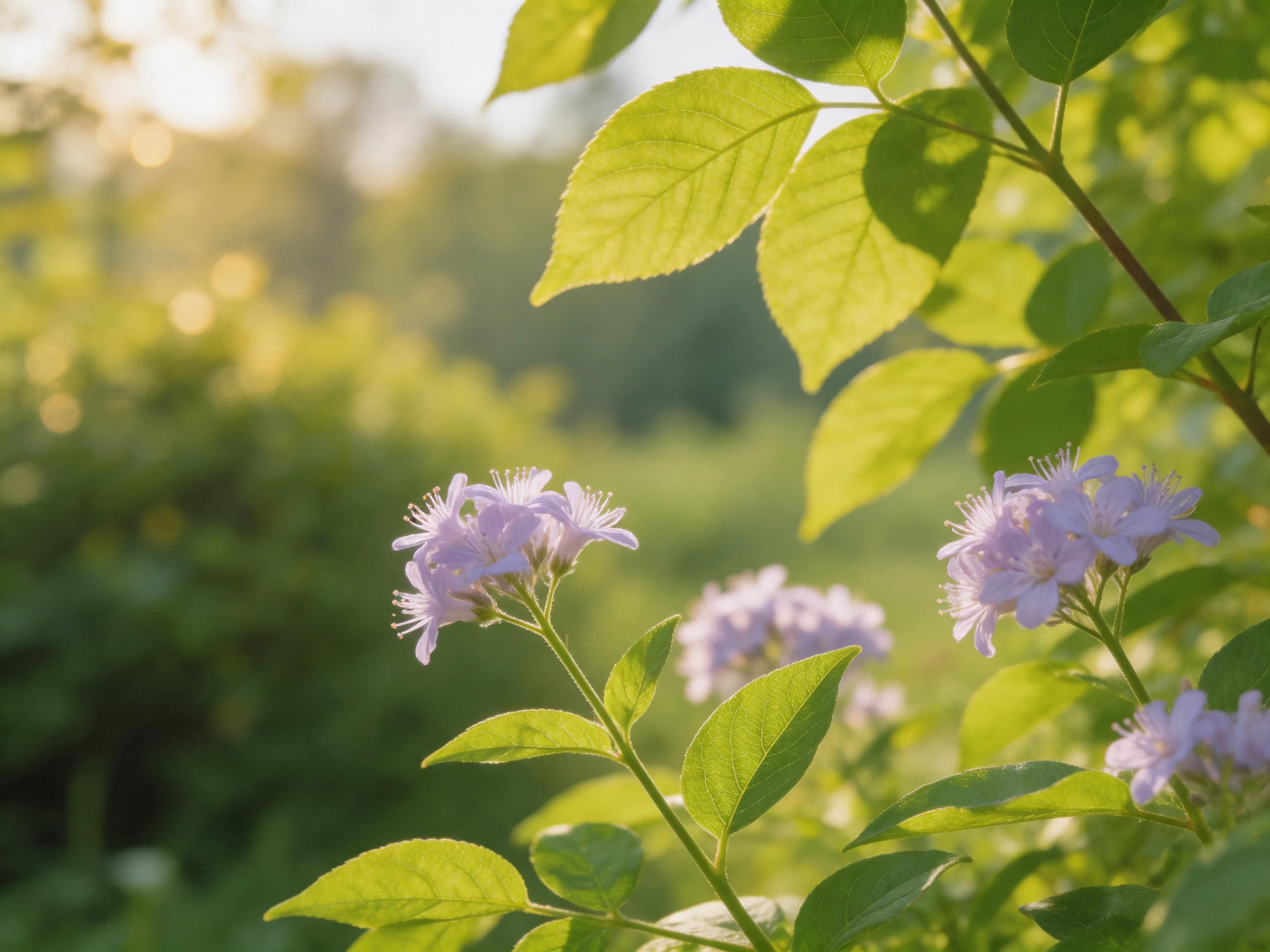 Delicate lavender blooms amidst vibrant green foliage under golden sunlight